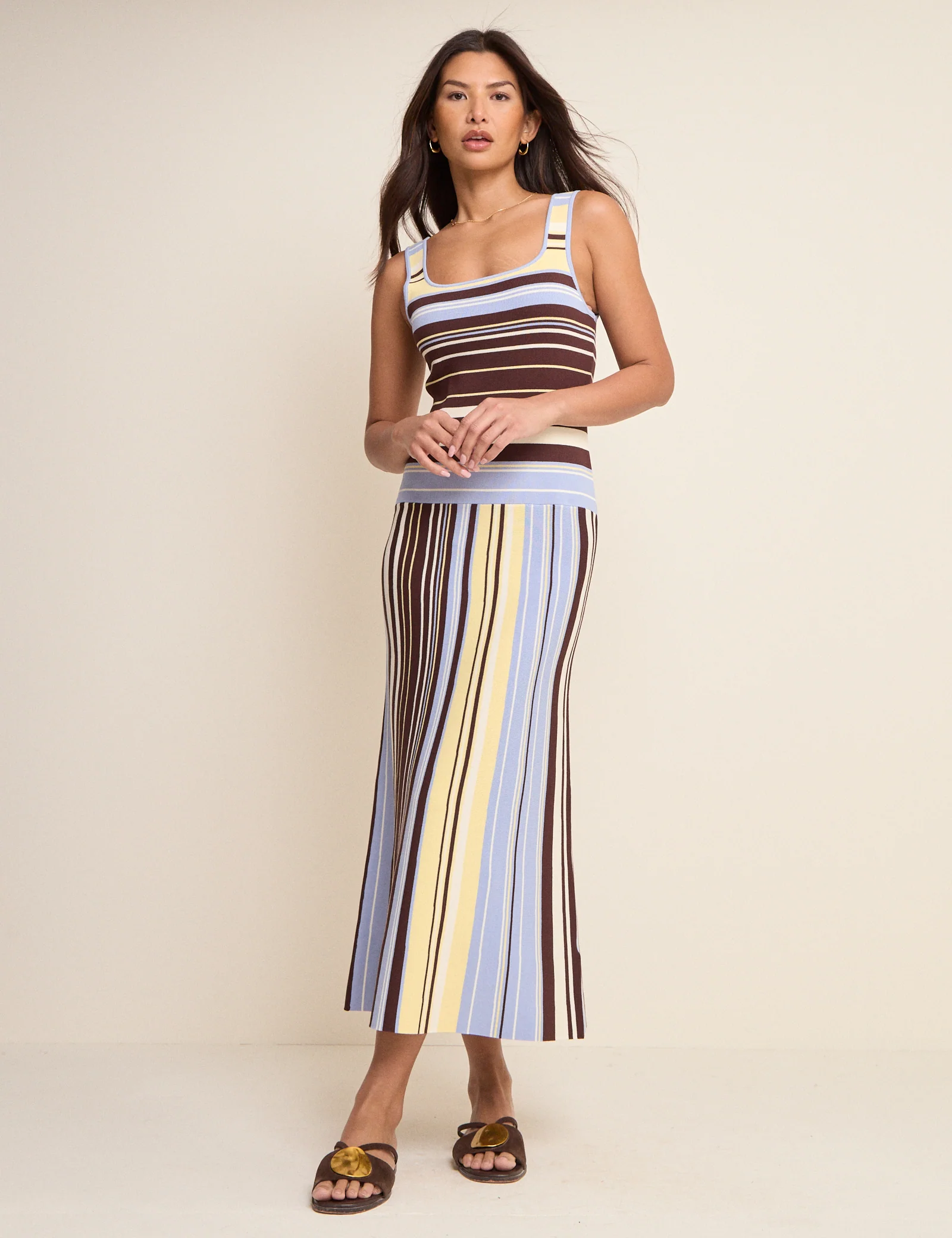 Brown and Blue Striped Drop Waist Knit Dress - Image 2