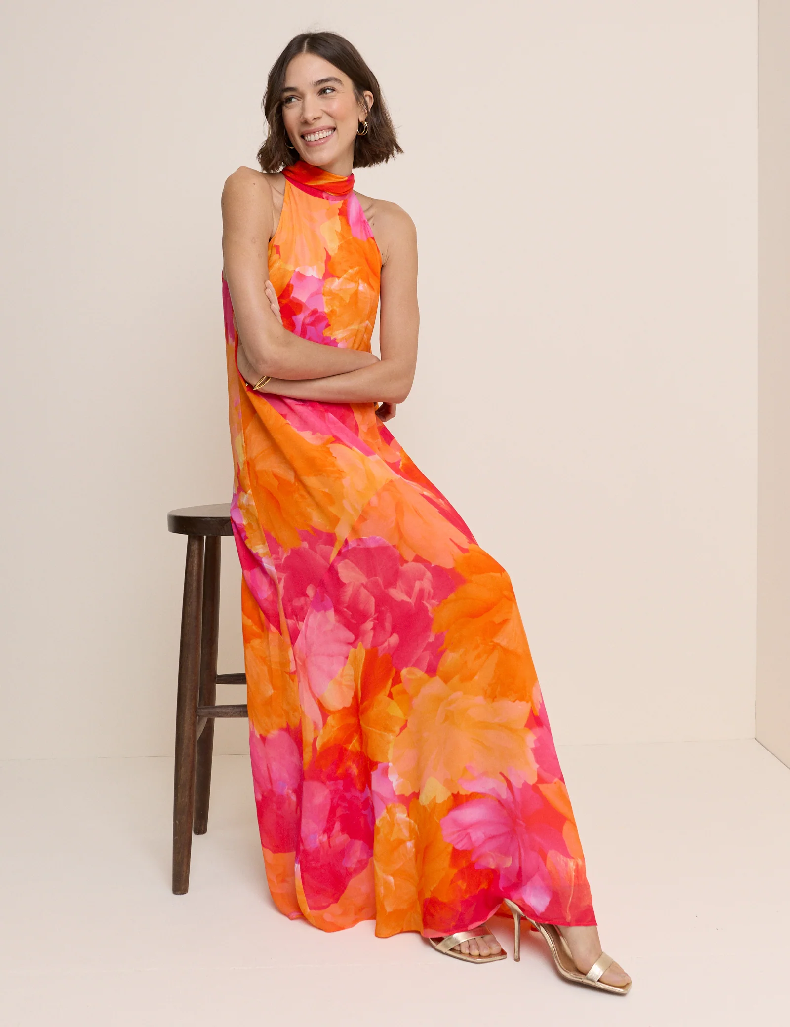 Pink and Orange Floral Halterneck Nala Maxi Dress - Image 2