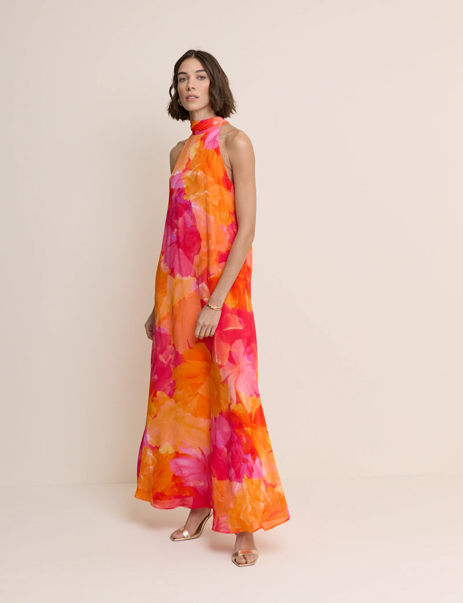 Pink and Orange Floral Halterneck Nala Maxi Dress - Image 3