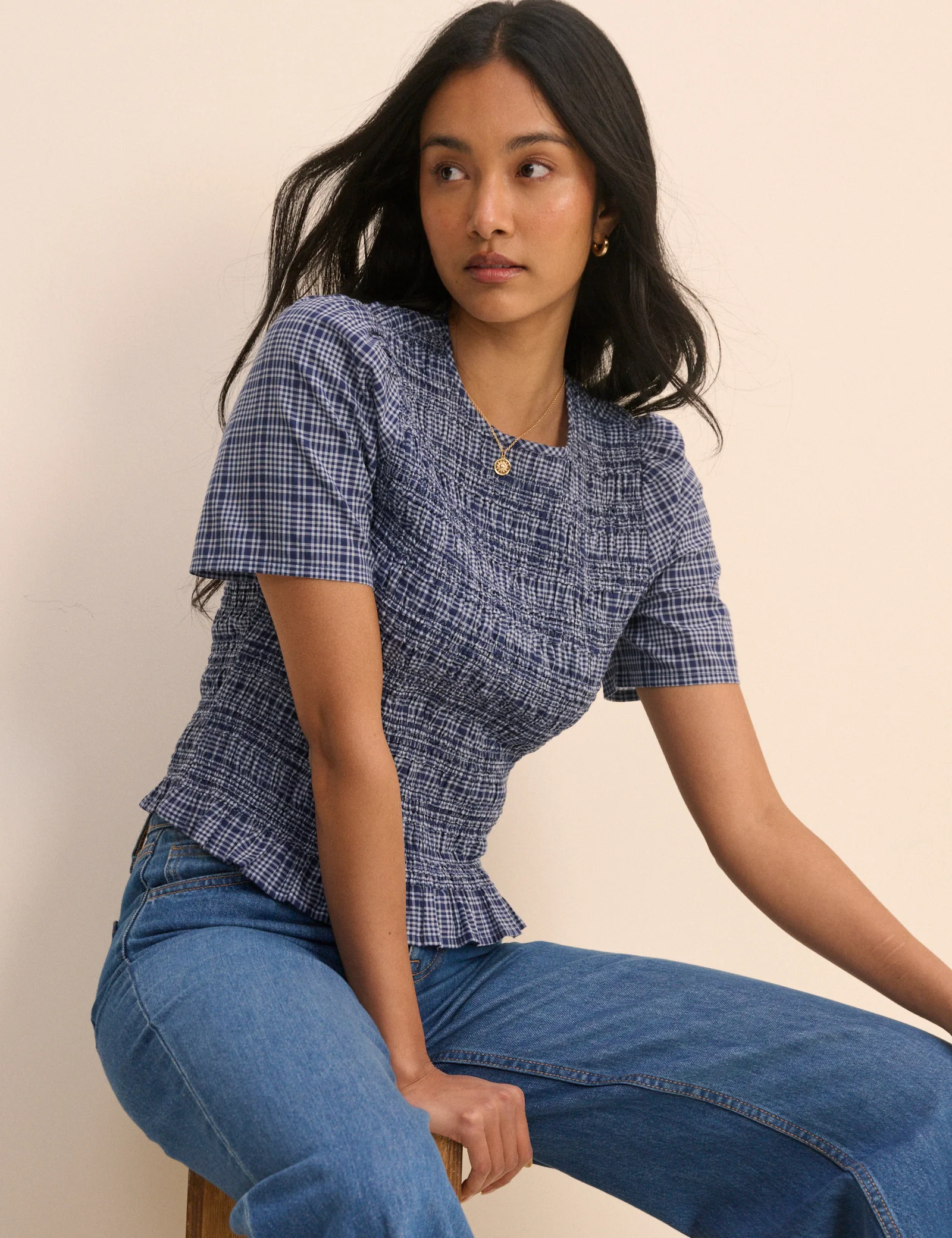 Blue Check Shirred Top - Image 3