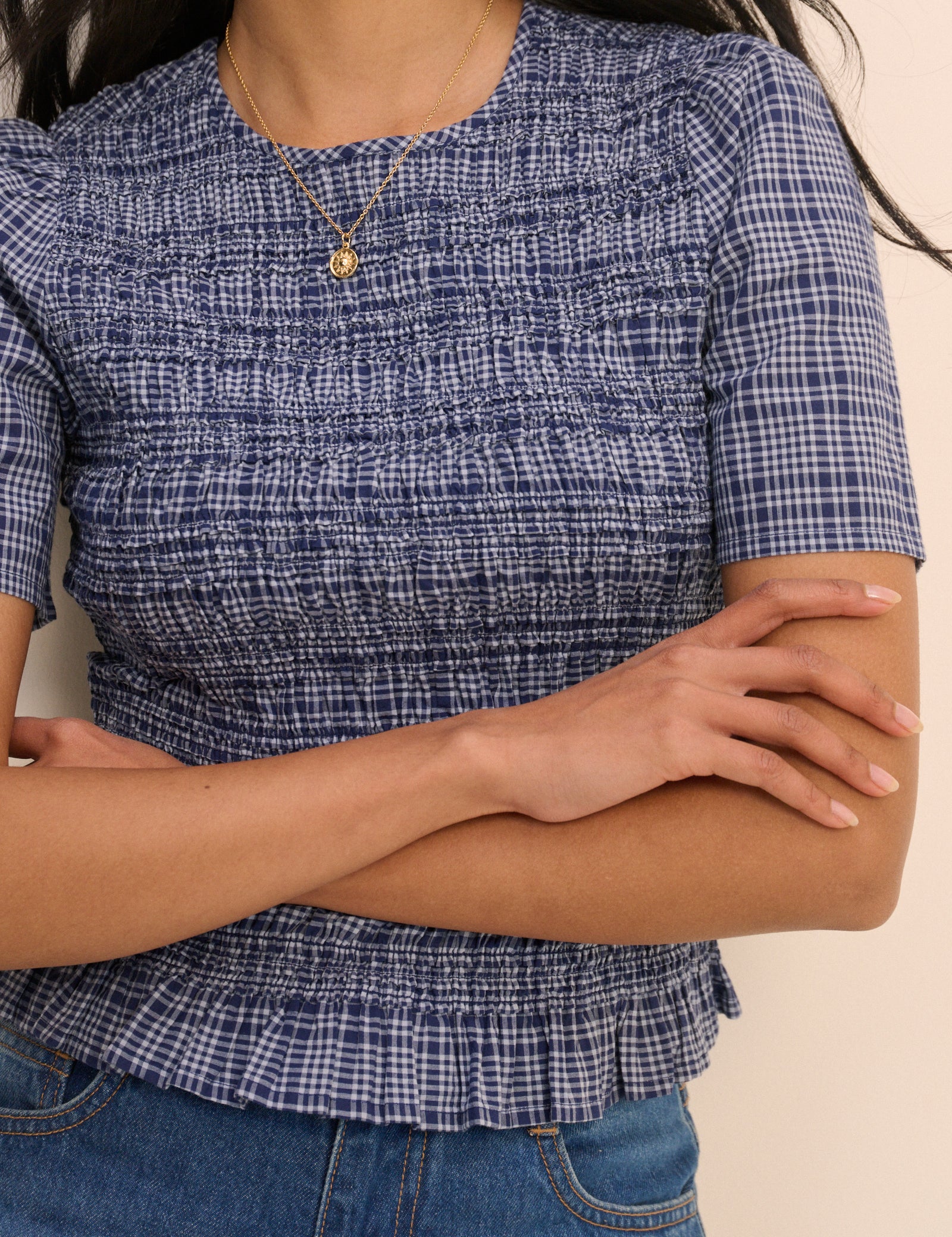 Blue Check Shirred Top - Image 4