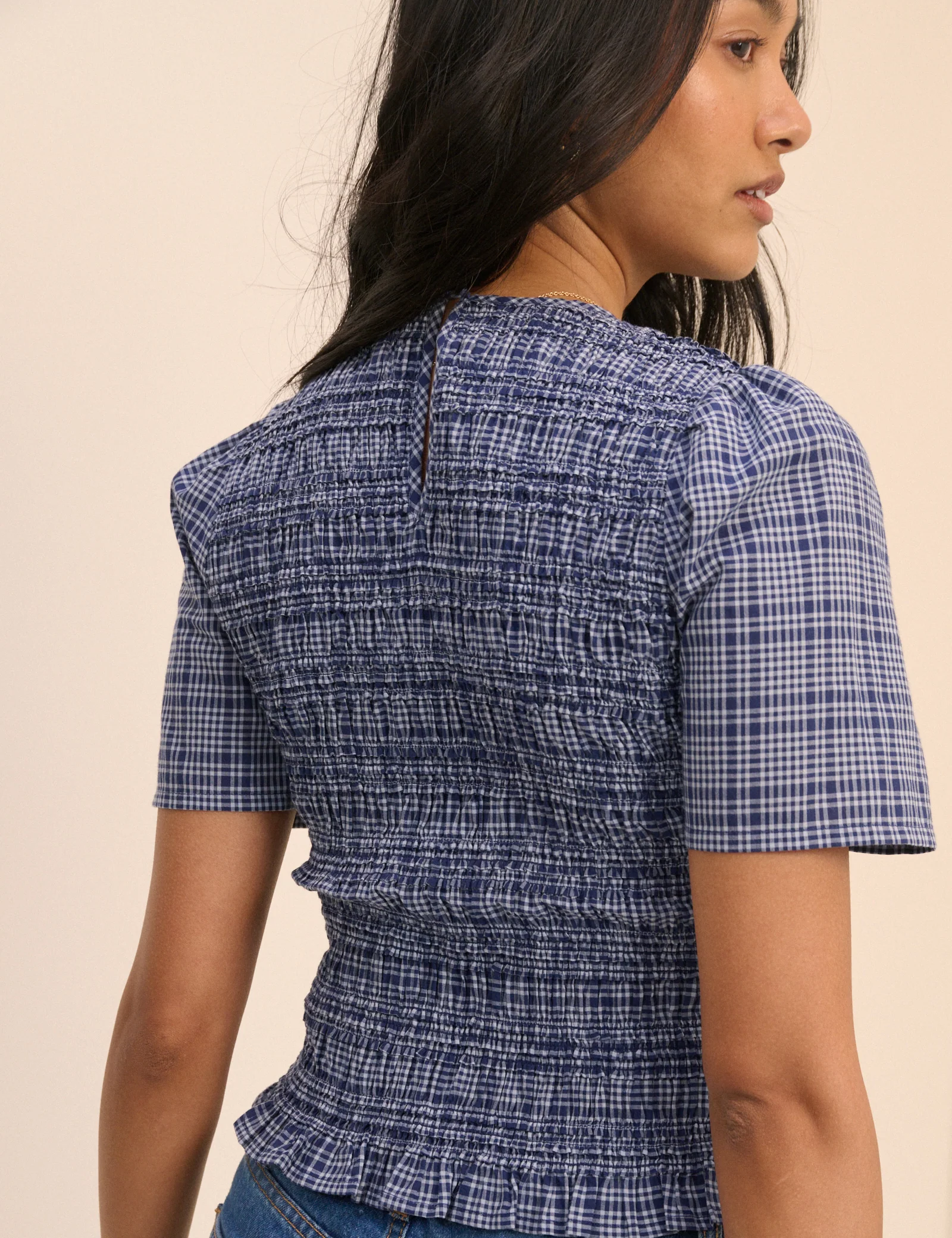 Blue Check Shirred Top - Image 5
