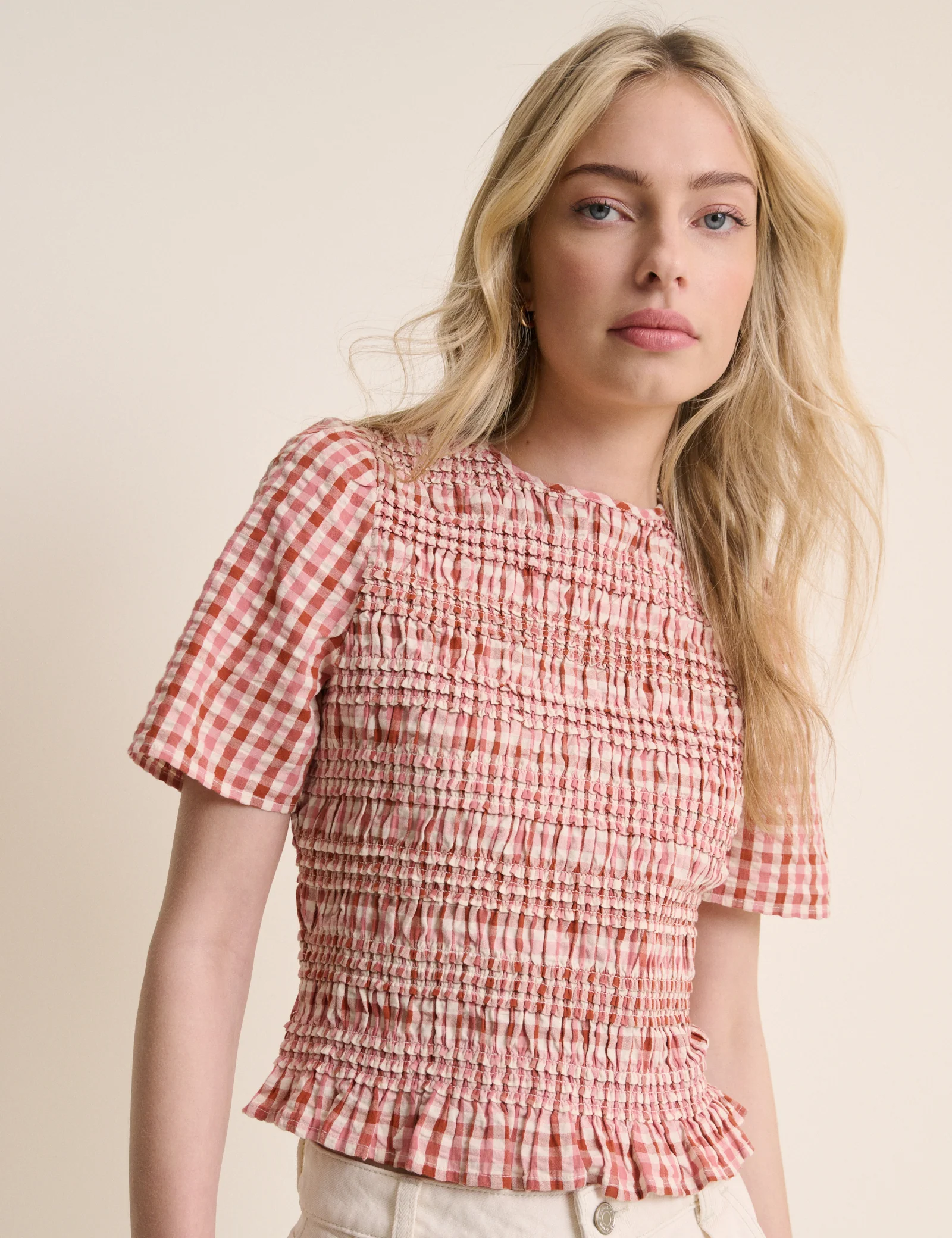 Red and Pink Gingham Shirred Top - Image 4