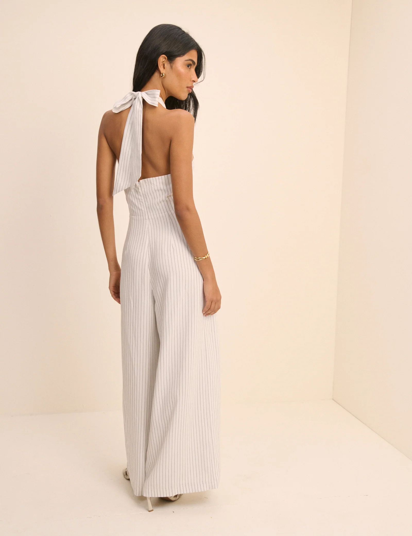 White Pinstripe Halterneck Wide Leg Nat Jumpsuit - Image 5