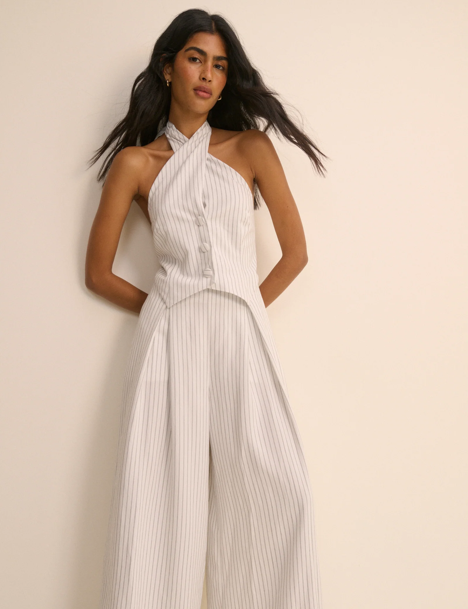 White Pinstripe Halterneck Wide Leg Nat Jumpsuit - Image 6