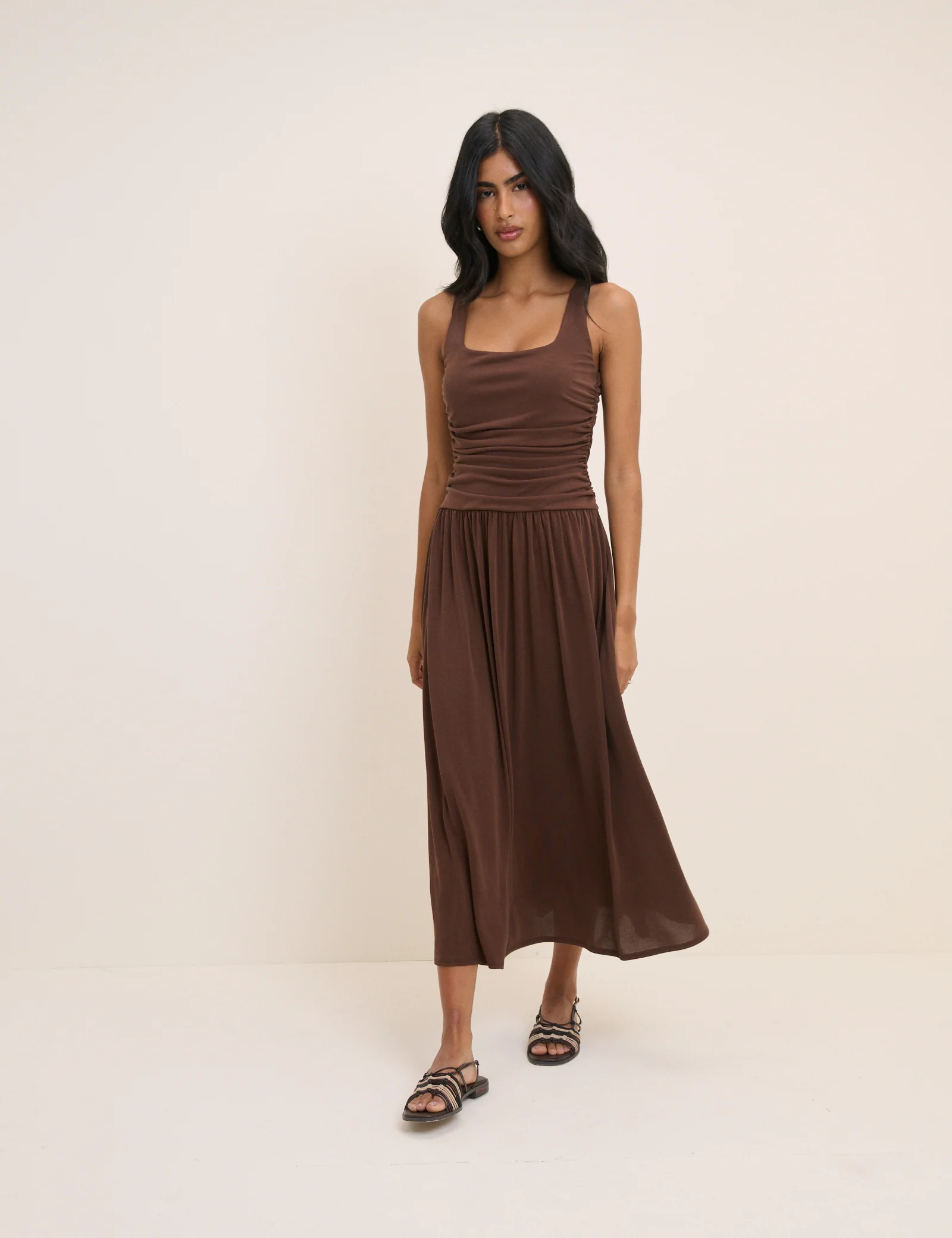 Brown Ruched Jersey Sleeveless Natalie Midi Dress - Image 4