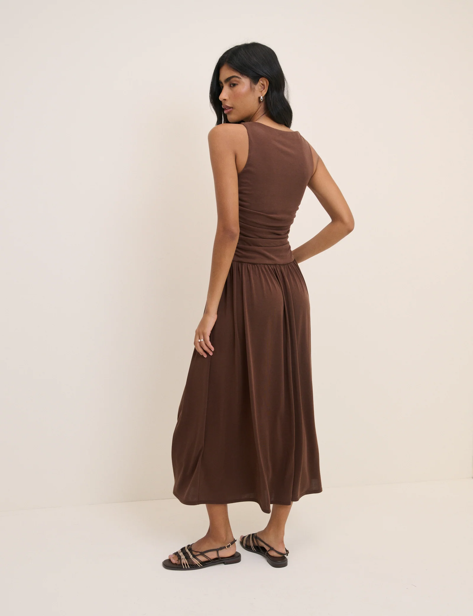 Brown Ruched Jersey Sleeveless Natalie Midi Dress - Image 5