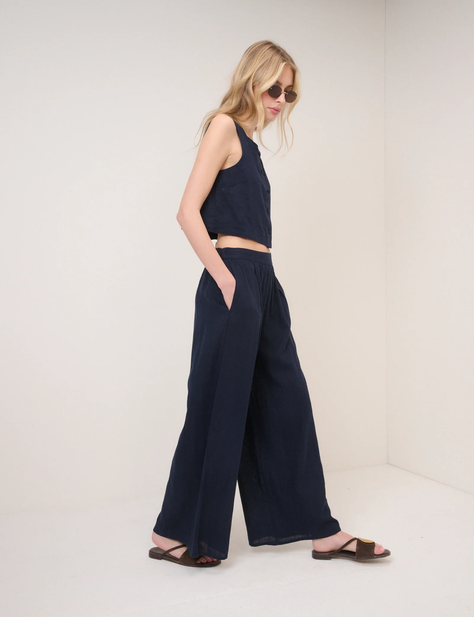 Navy Linen-Blend Wide Leg Jerrow Trousers - Image 2