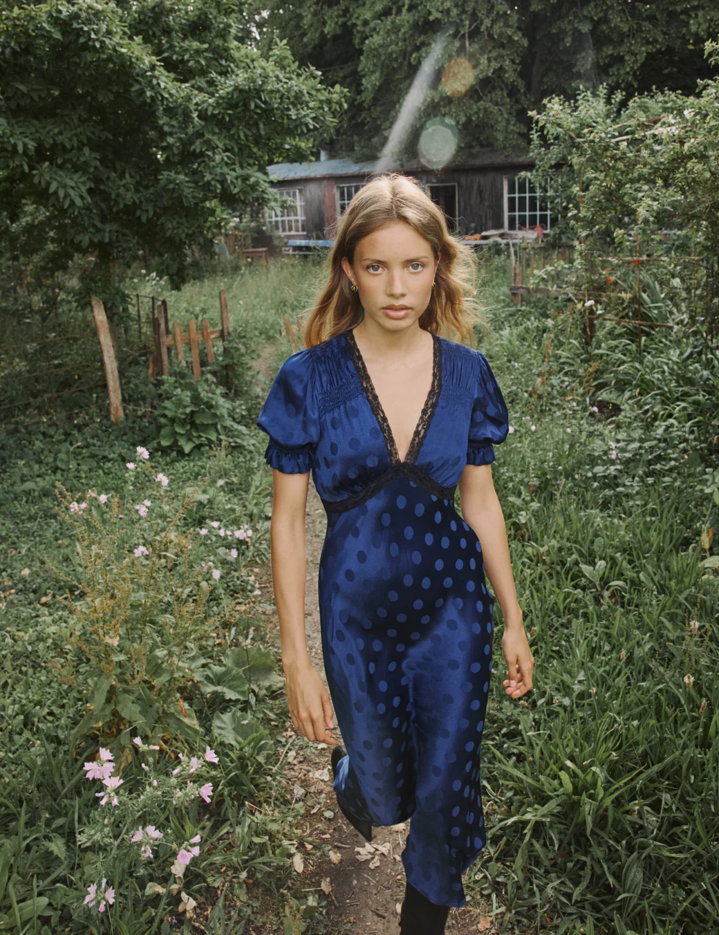Navy Polka Dot Jacquard Angela Midi Dress