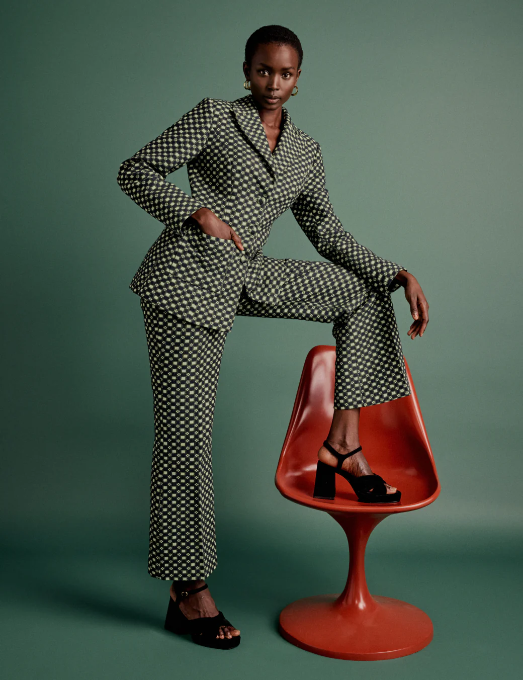 NC x Lisou Black and Lime Green Jacquard Checkerboard Tailored Trousers