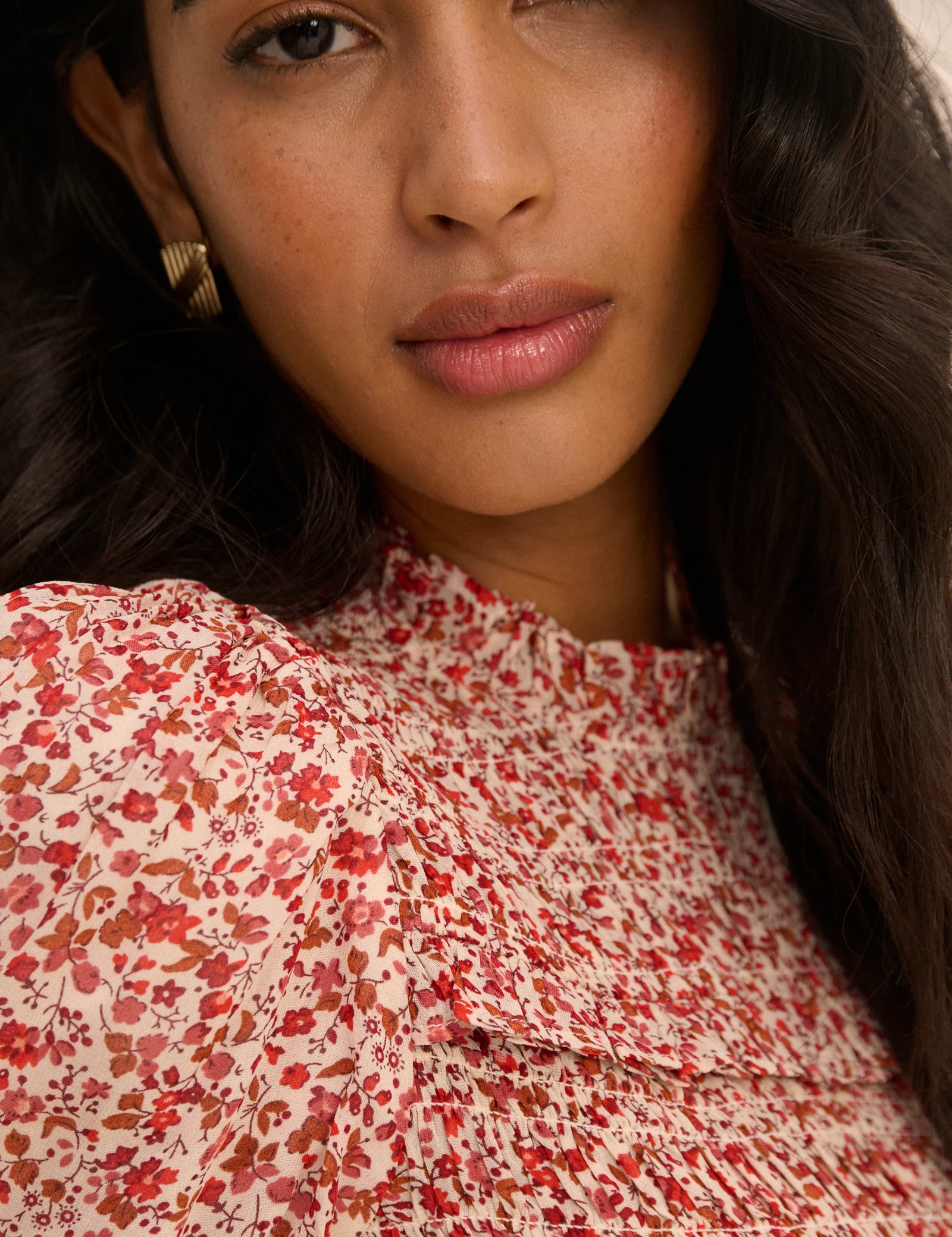Red Floral Puff Sleeve Shirred Nicola Top - Image 3