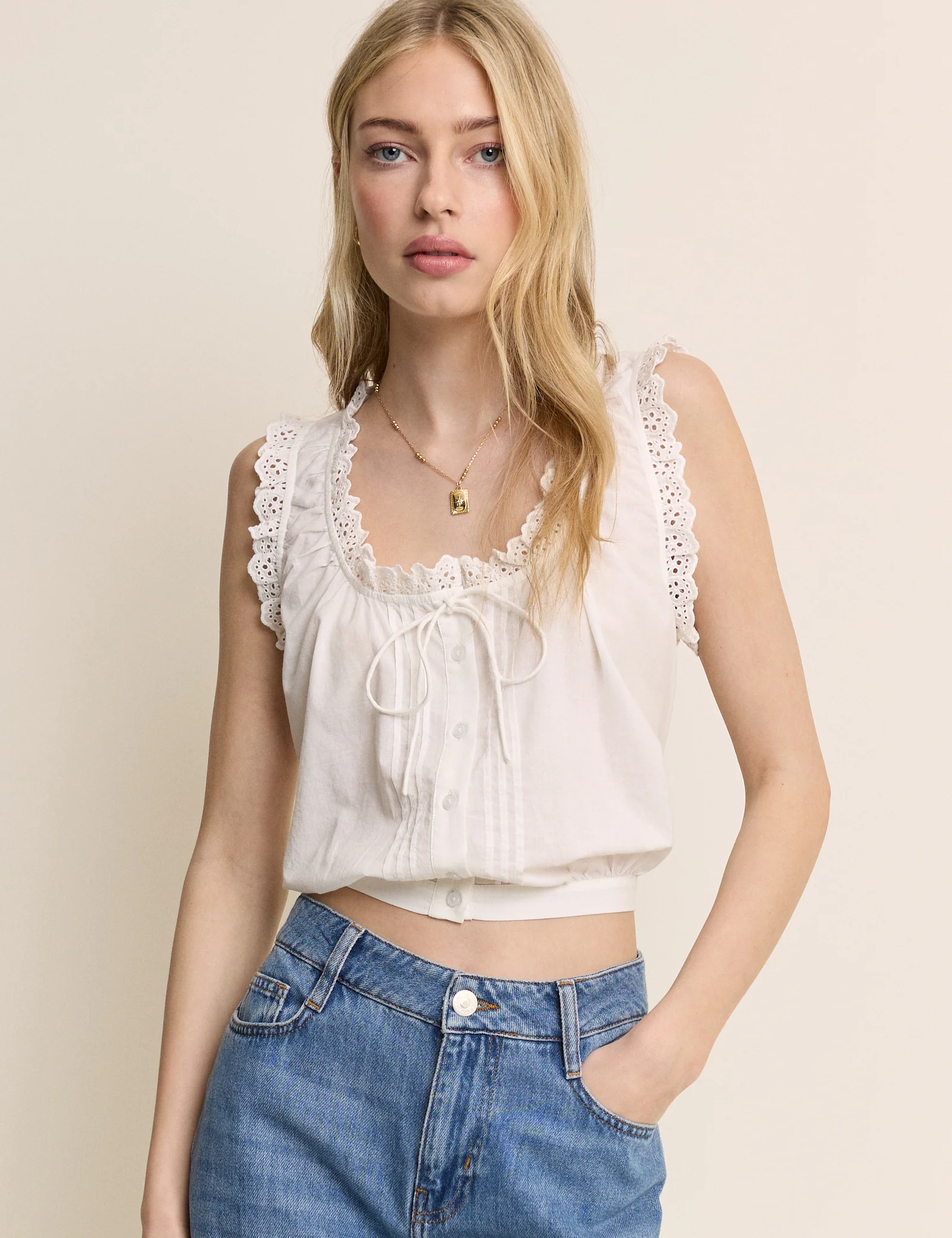 White Broderie Lace Trim Scoop Neck Blouse - Image 2