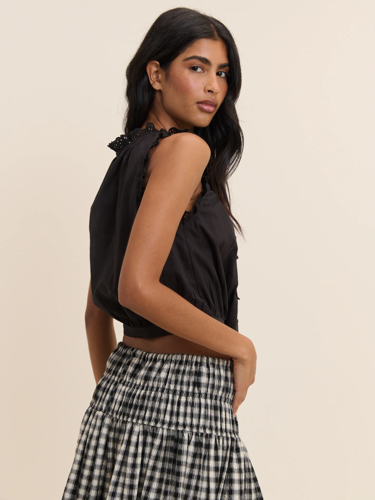 Black Broderie Lace Trim Scoop Neck Blouse - Image 4
