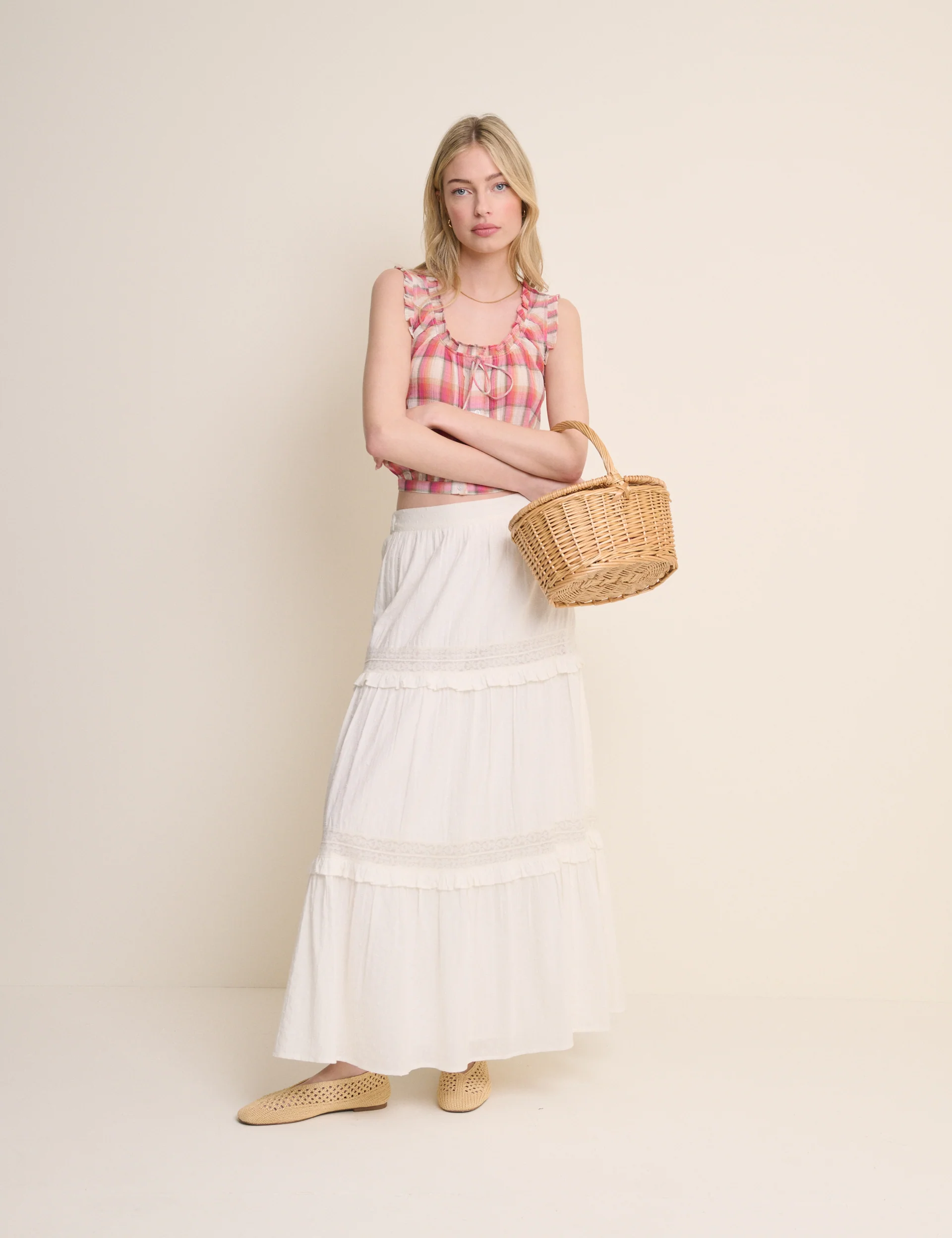 Red Check Ruffle Trim Scoop Neck Blouse - Image 2
