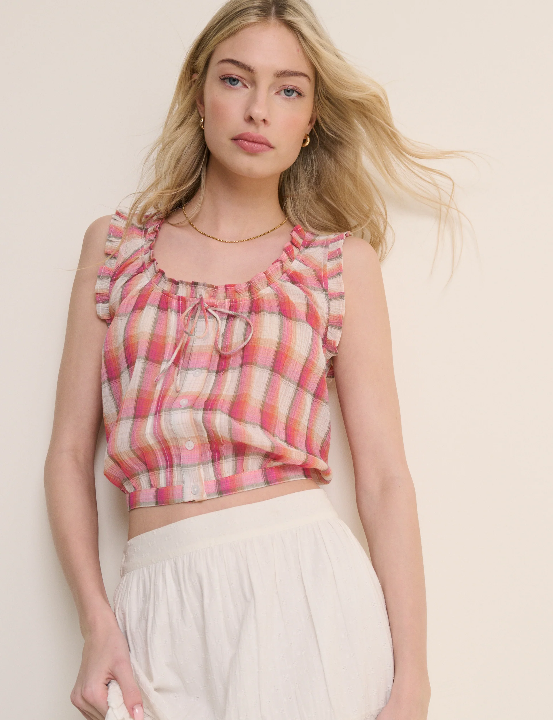 Red Check Ruffle Trim Scoop Neck Blouse - Image 3