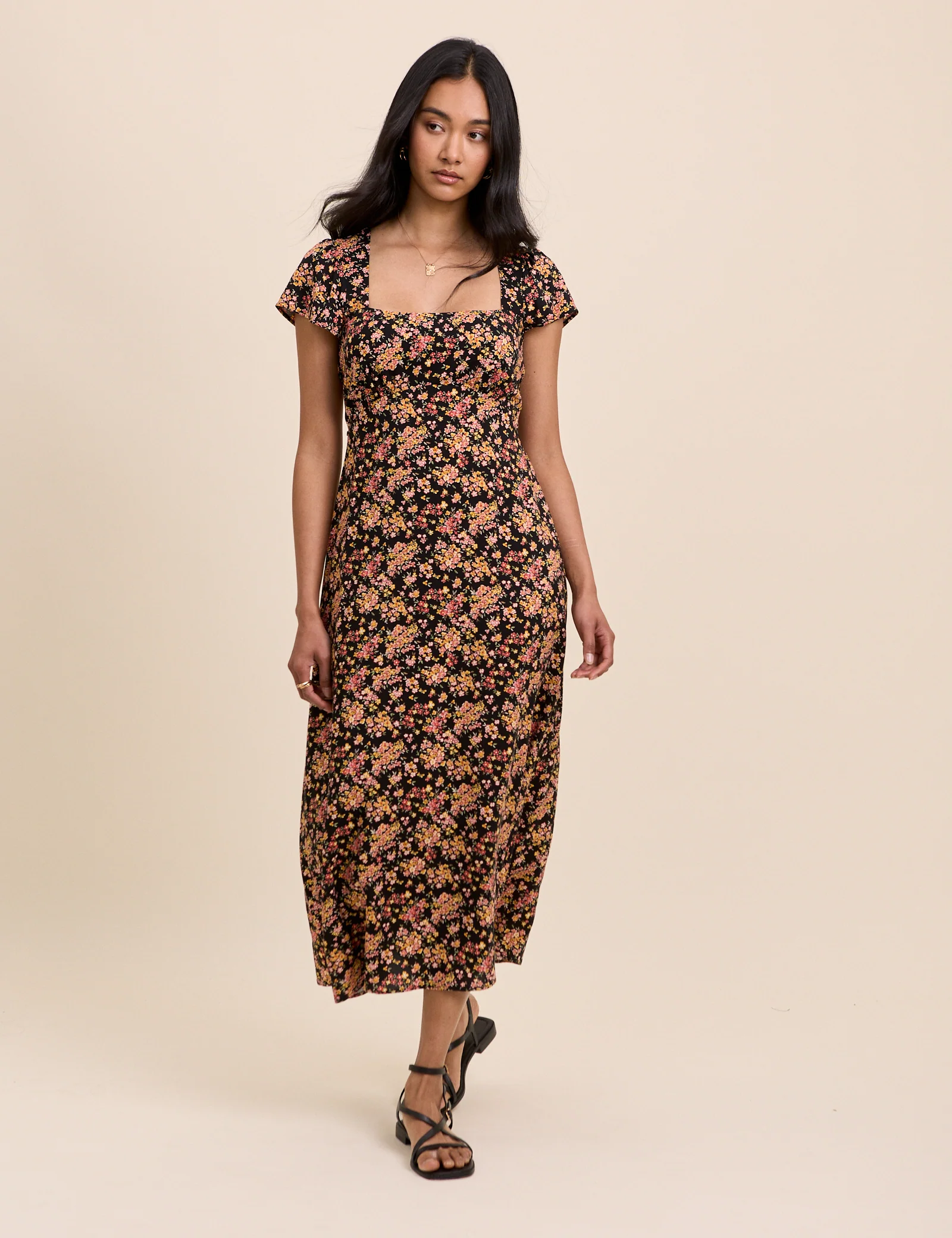 Black Floral Nora Midi Dress
