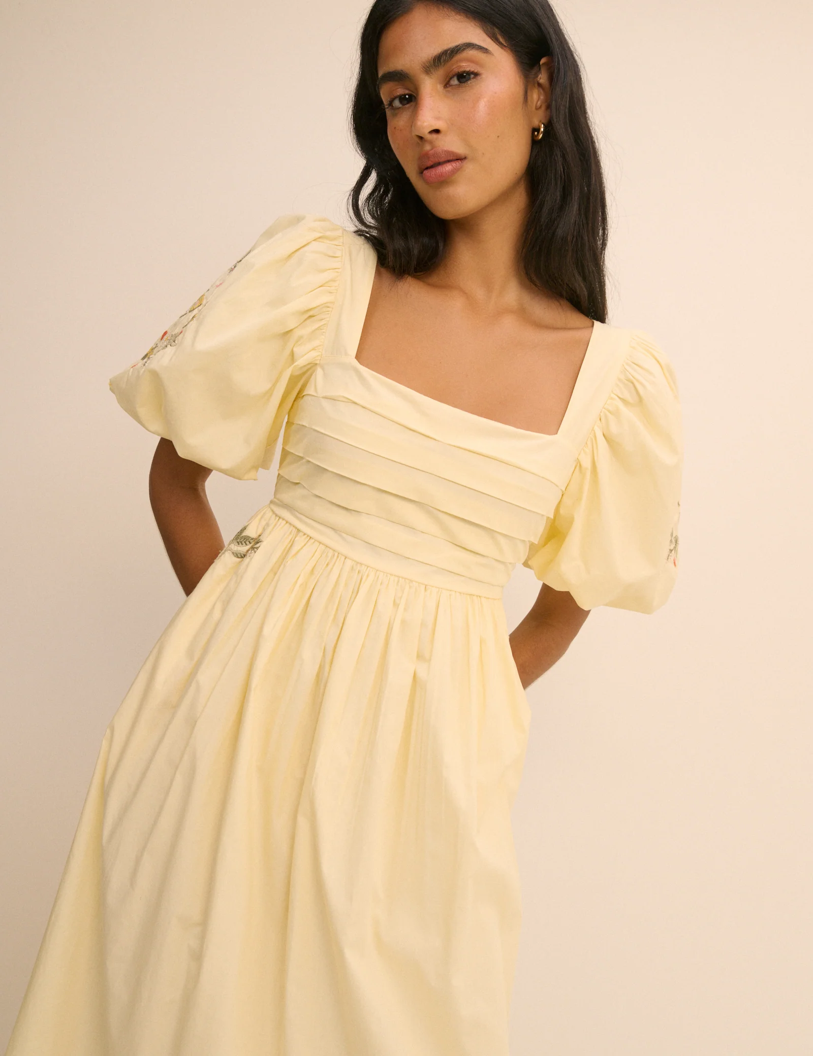 Butter Yellow Embroidered Pleated Nova Midi Dress - Image 2