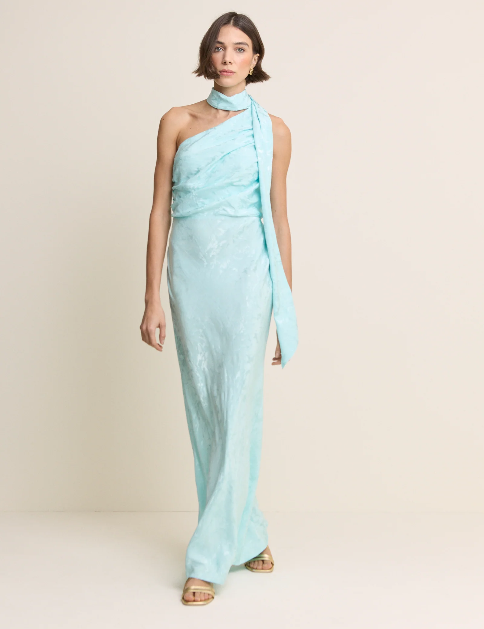 Light Blue Floral Satin Oceane Maxi Dress