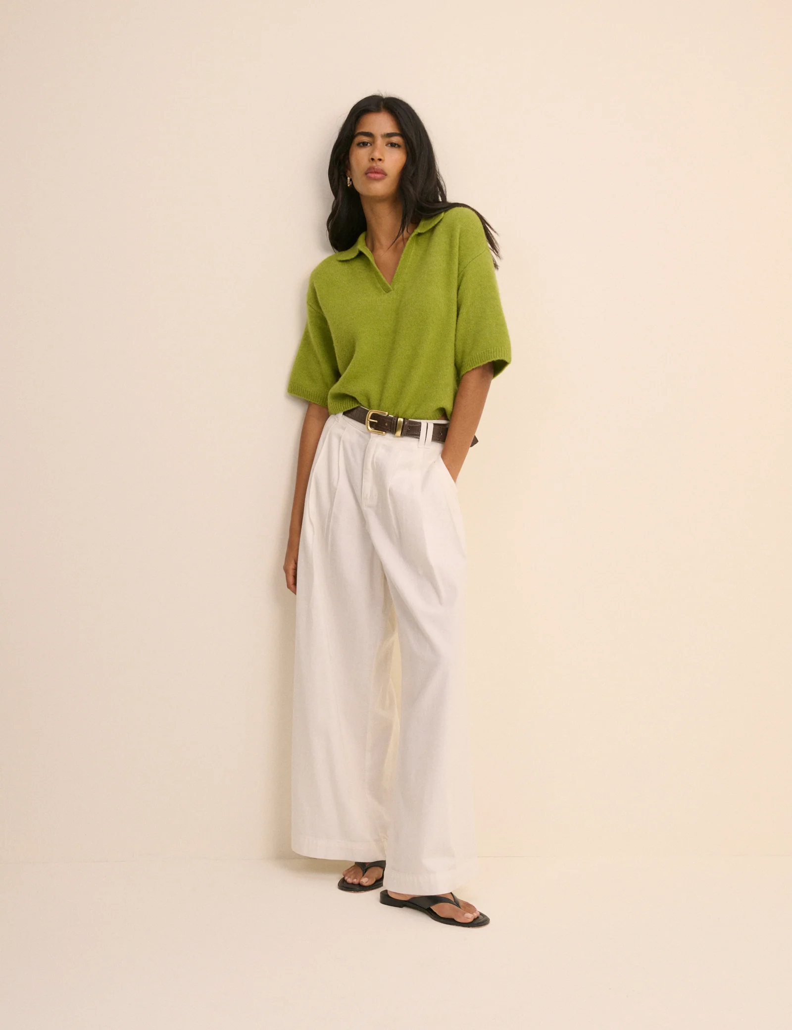 Green Open Collar Polo Knitted Top - Image 3
