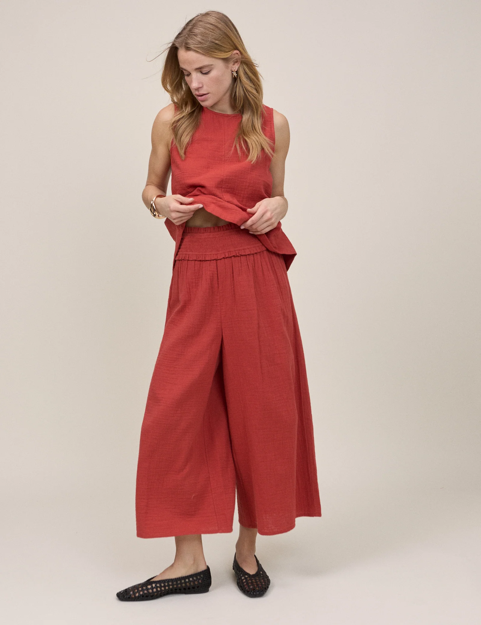 Red Cropped Palazzo Double Gauze Trouser