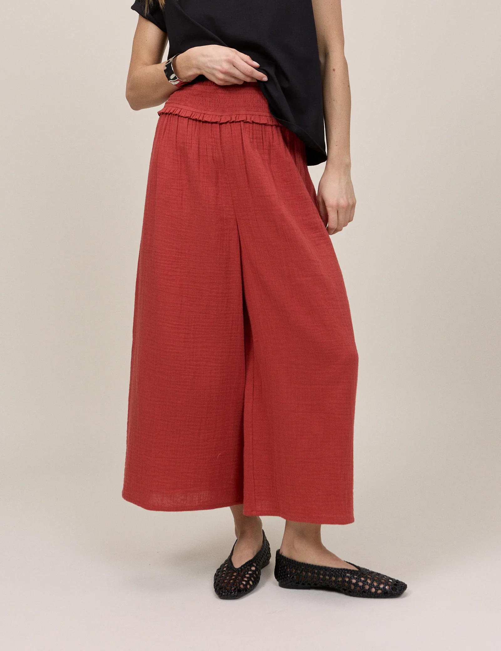 Red Cropped Palazzo Double Gauze Trouser - Image 2