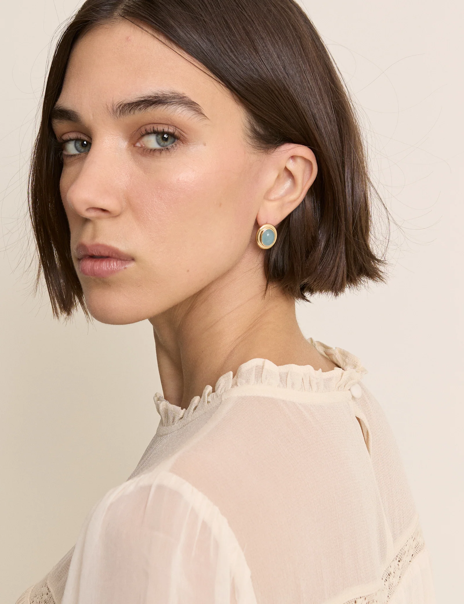 Gold Oval Blue Stone Earrings - Image 2