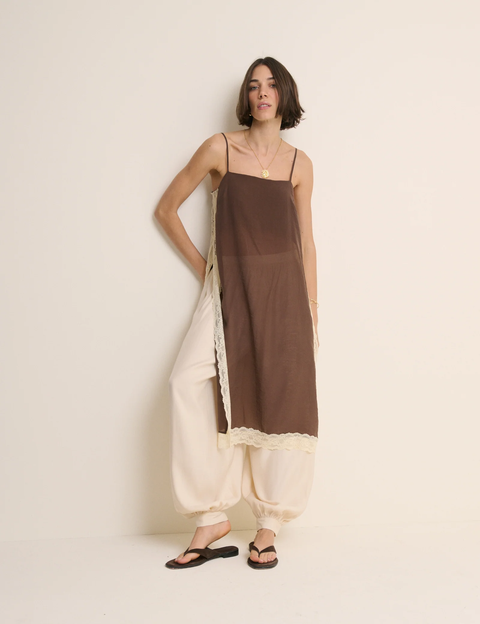 Brown Lace Trim Paulina Longline Cami
