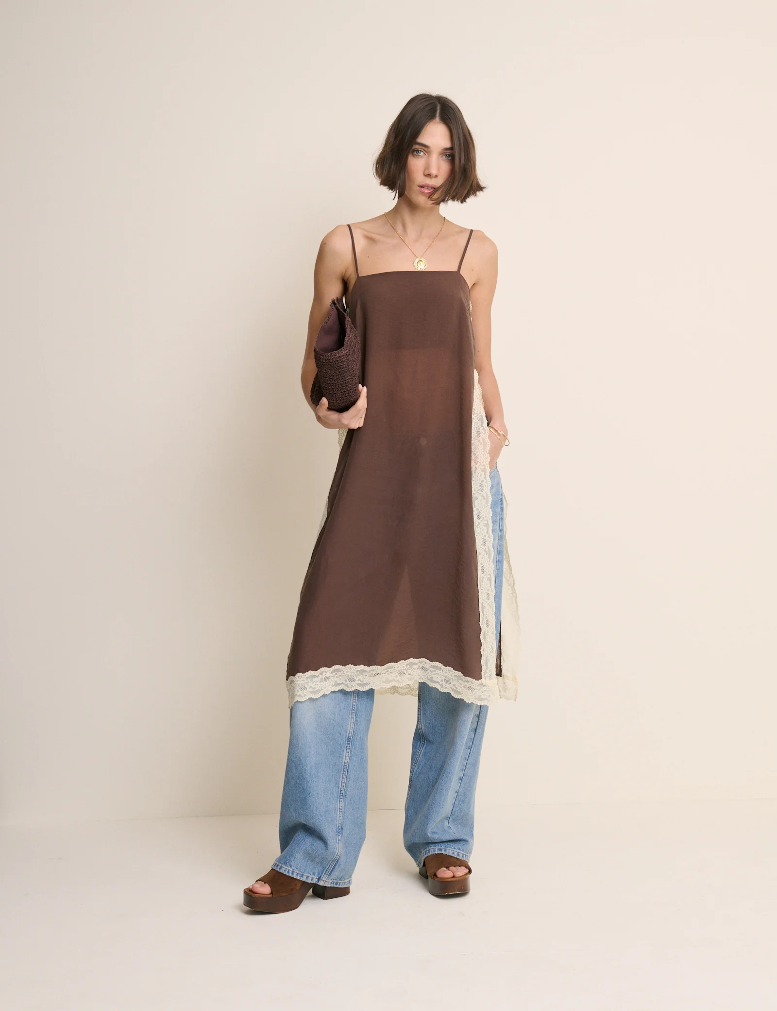 Brown Lace Trim Paulina Longline Cami - Image 5