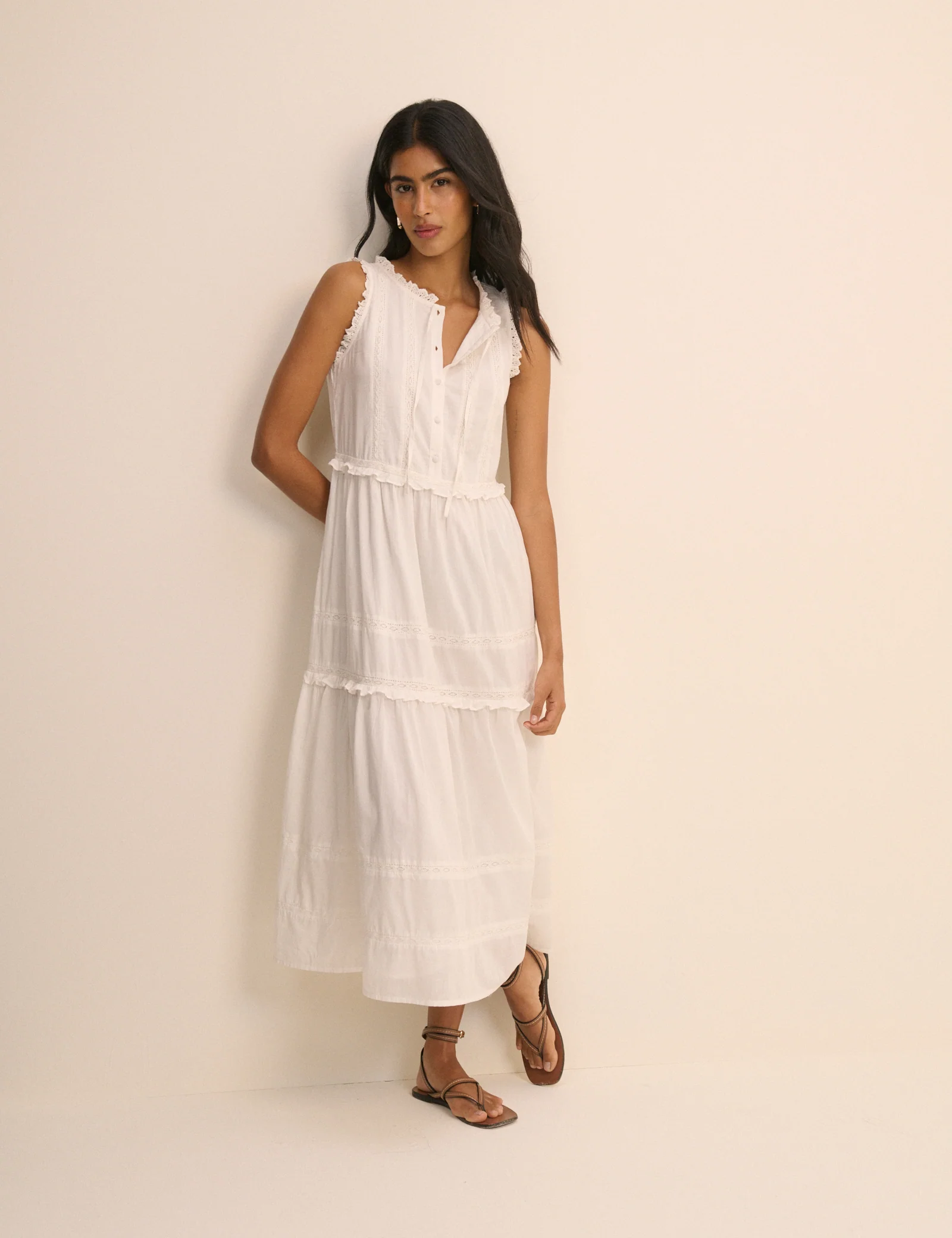 White Ruffle Trim Tiered Penelope Midi Dress