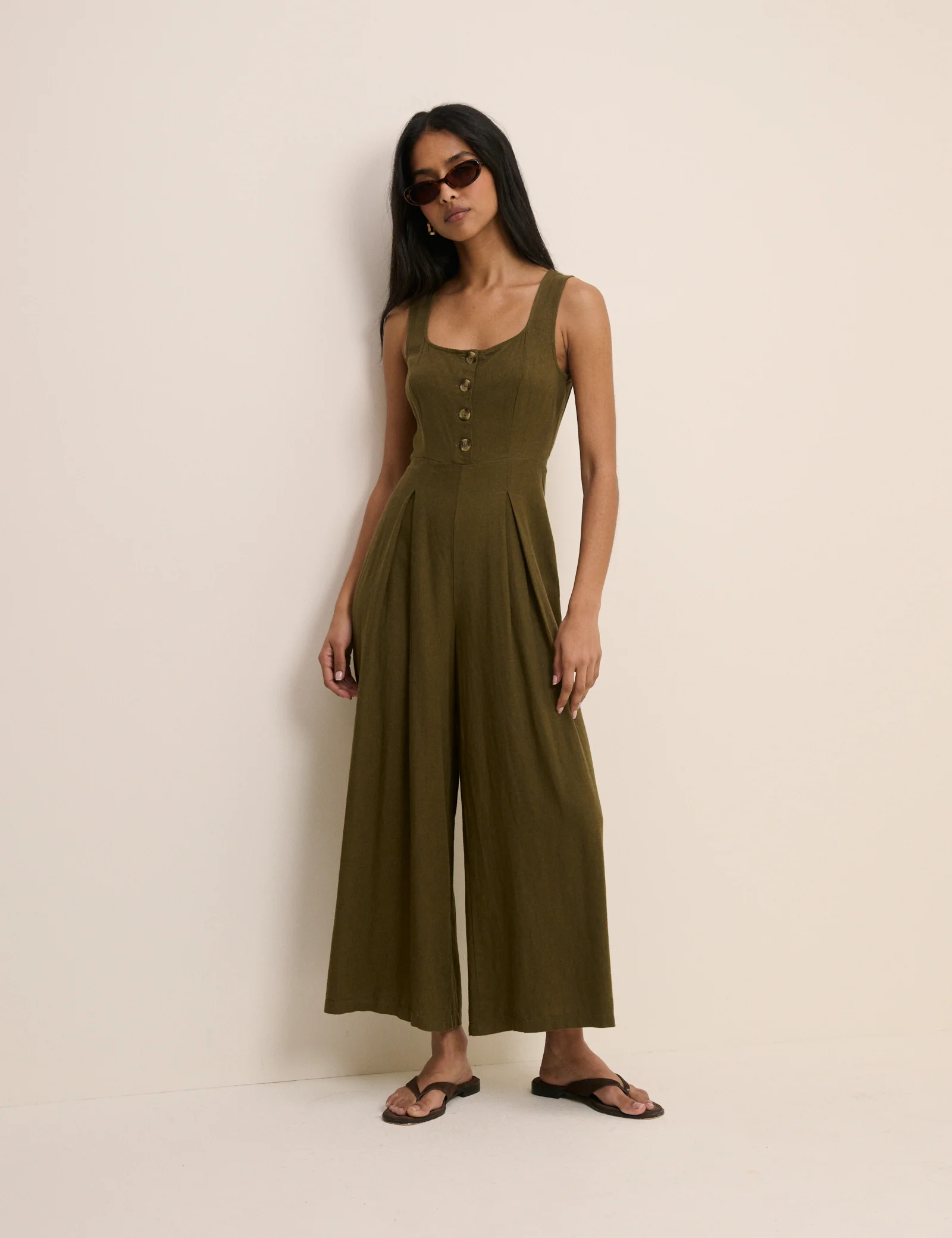 Petite Khaki Linen-Blend Cropped Lorey Jumpsuit
