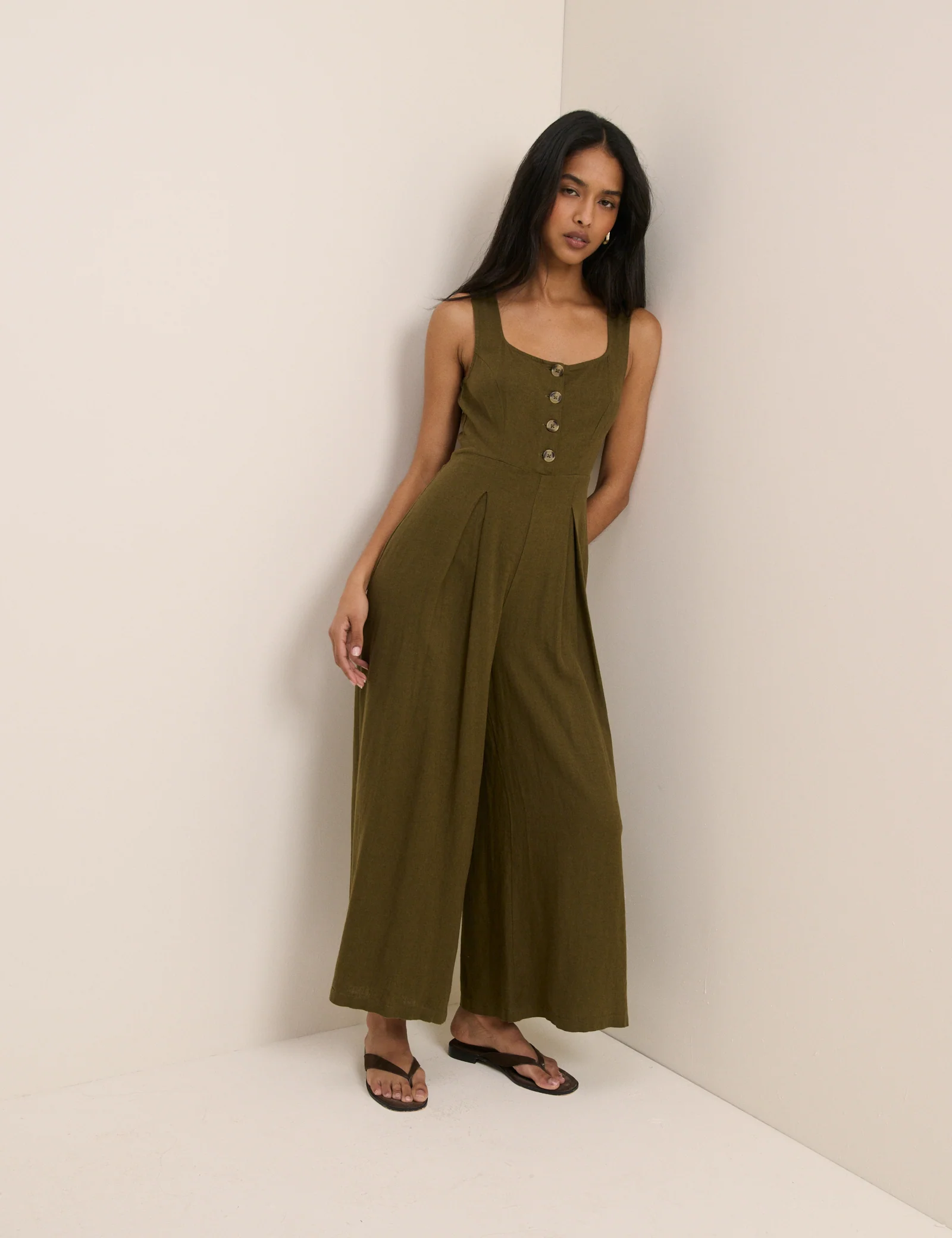 Petite Khaki Linen-Blend Cropped Lorey Jumpsuit - Image 4