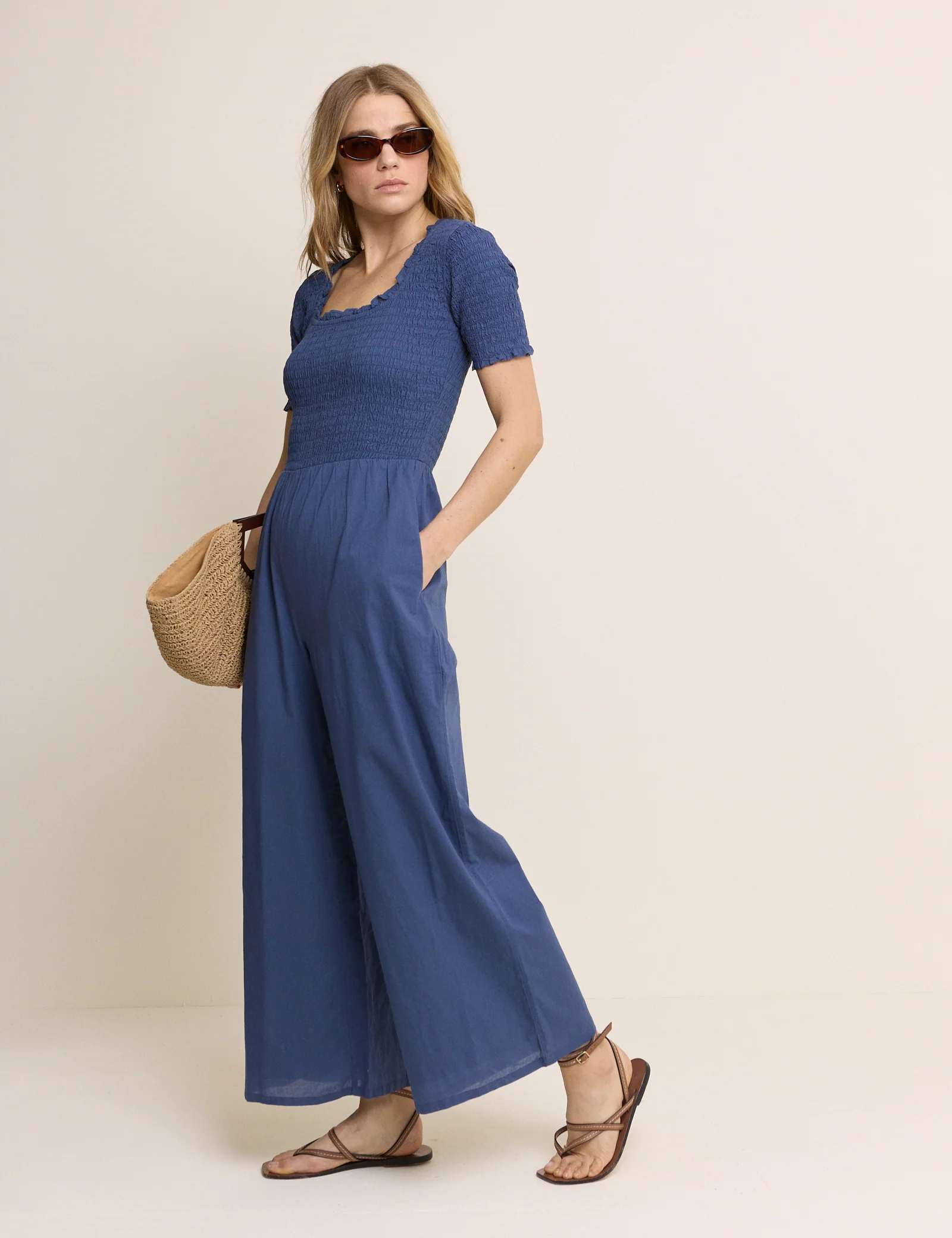 Petite Blue Shirred Wide Leg Zita Jumpsuit
