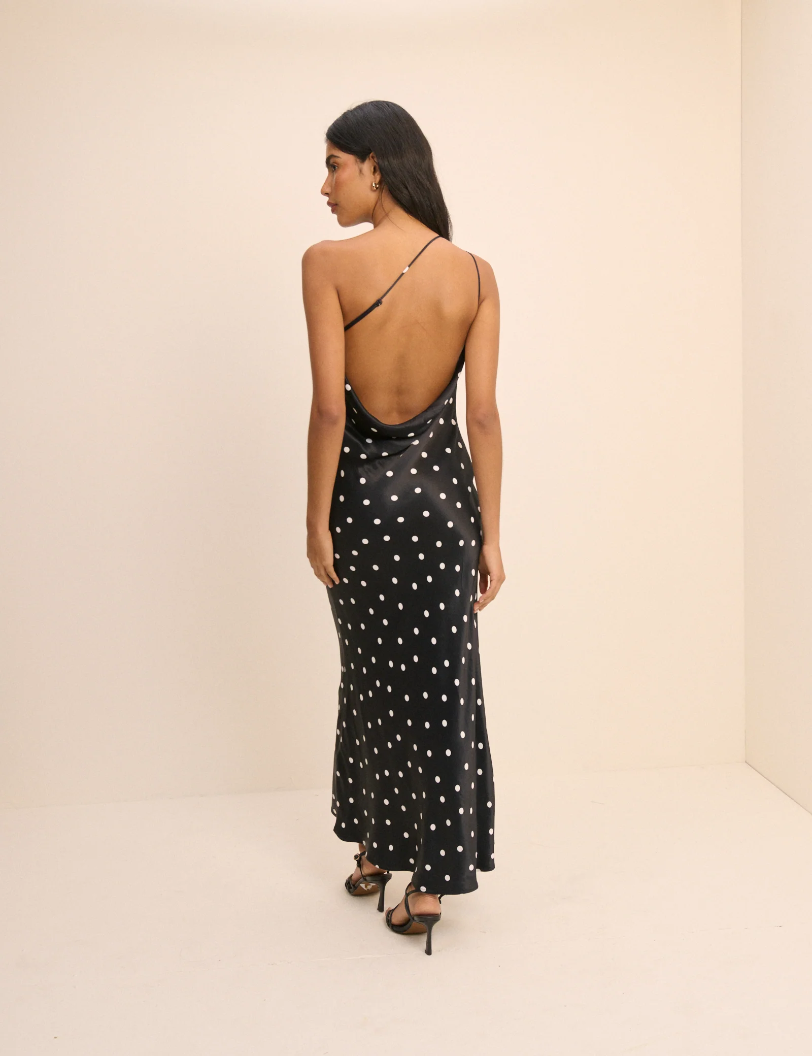 Black Polka Dot Satin Pia Maxi Dress - Image 5