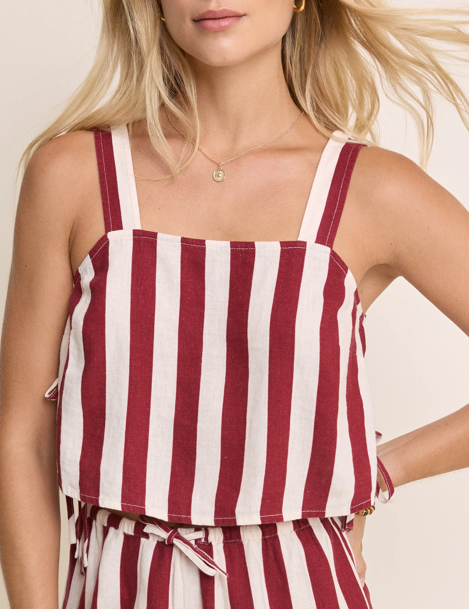 Burgundy Striped Sleeveless Linen-Blend Pillar Top - Image 2
