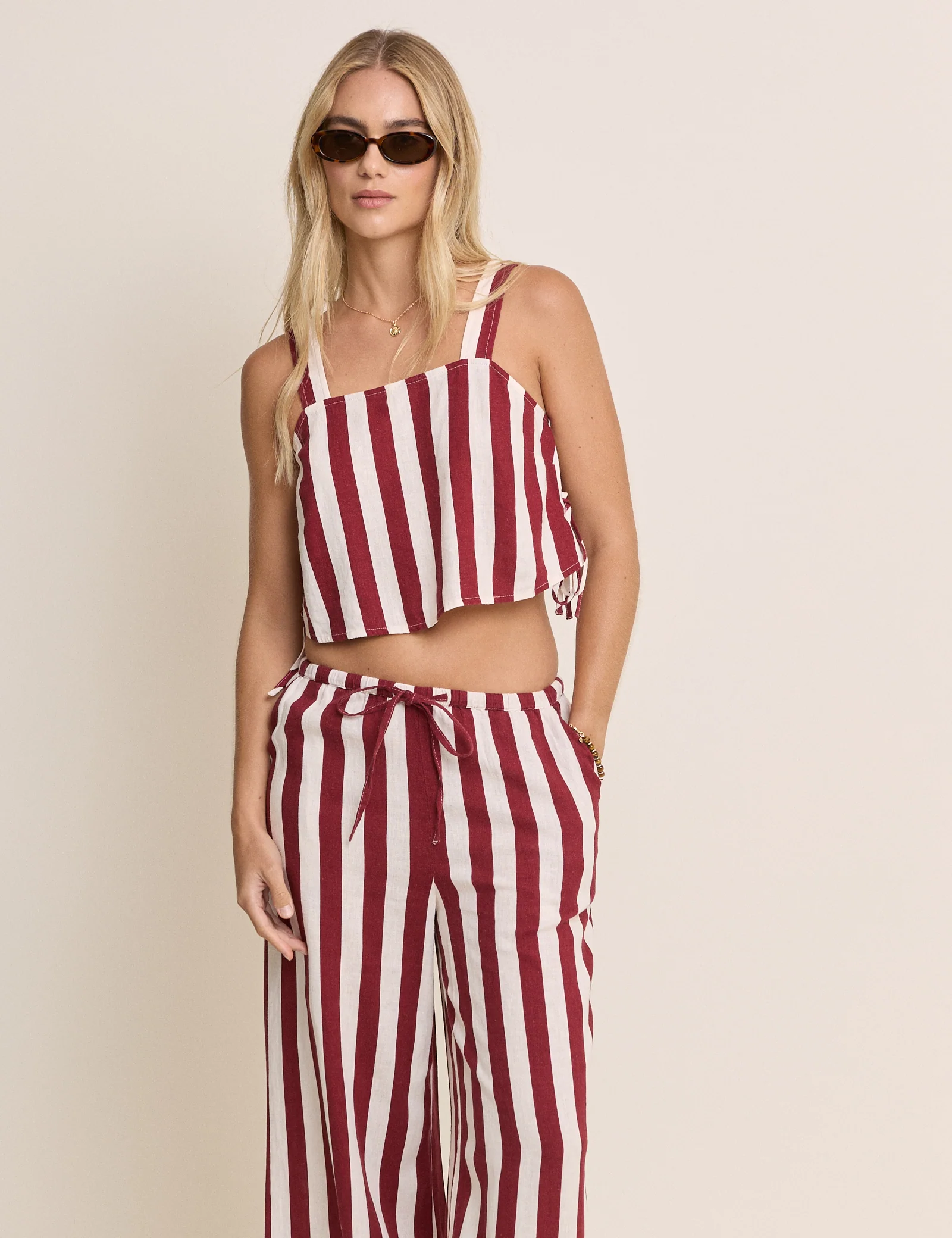 Burgundy Striped Sleeveless Linen-Blend Pillar Top - Image 3