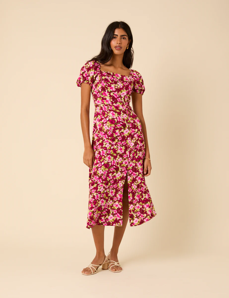 Pink Floral Leith Puff Sleeve Midi Dress