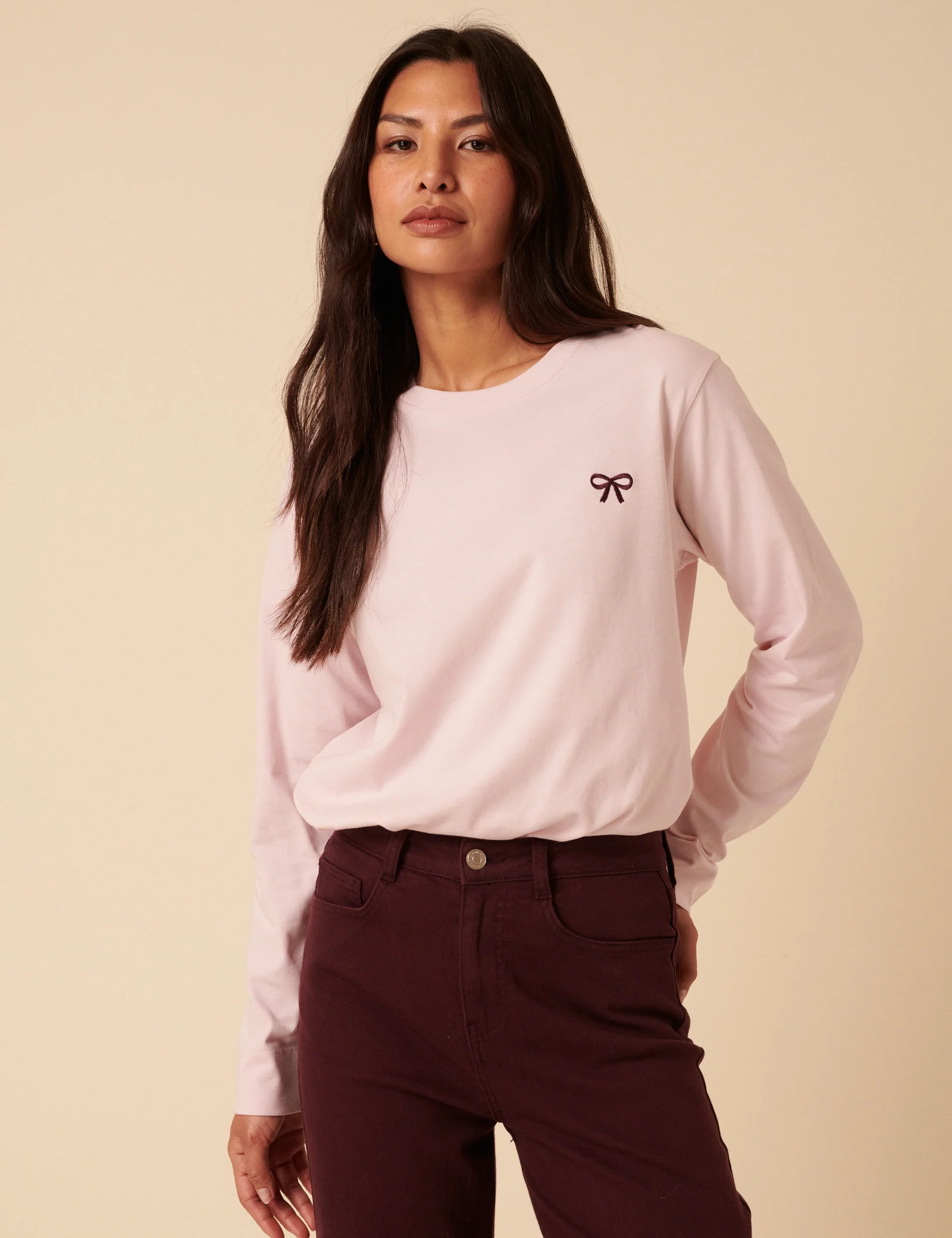 Pink Wide Long Sleeve Bow T-Shirt