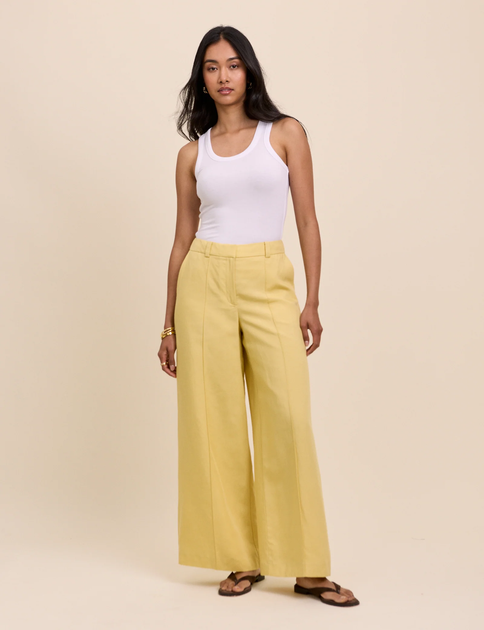 Yellow Linen-Blend Wide Leg Tailored Trousers - Image 2