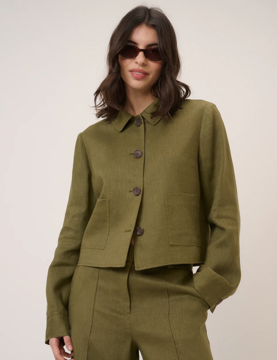 Khaki Linen-Blend Boxy Jacket