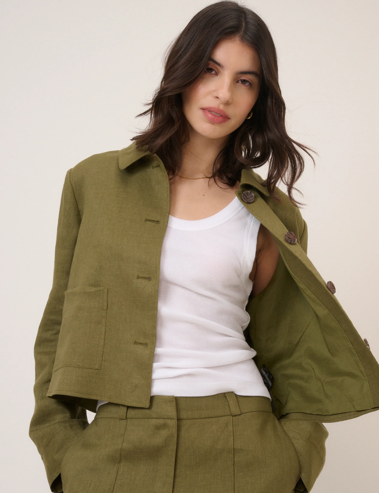 Khaki Linen-Blend Boxy Jacket - Image 2