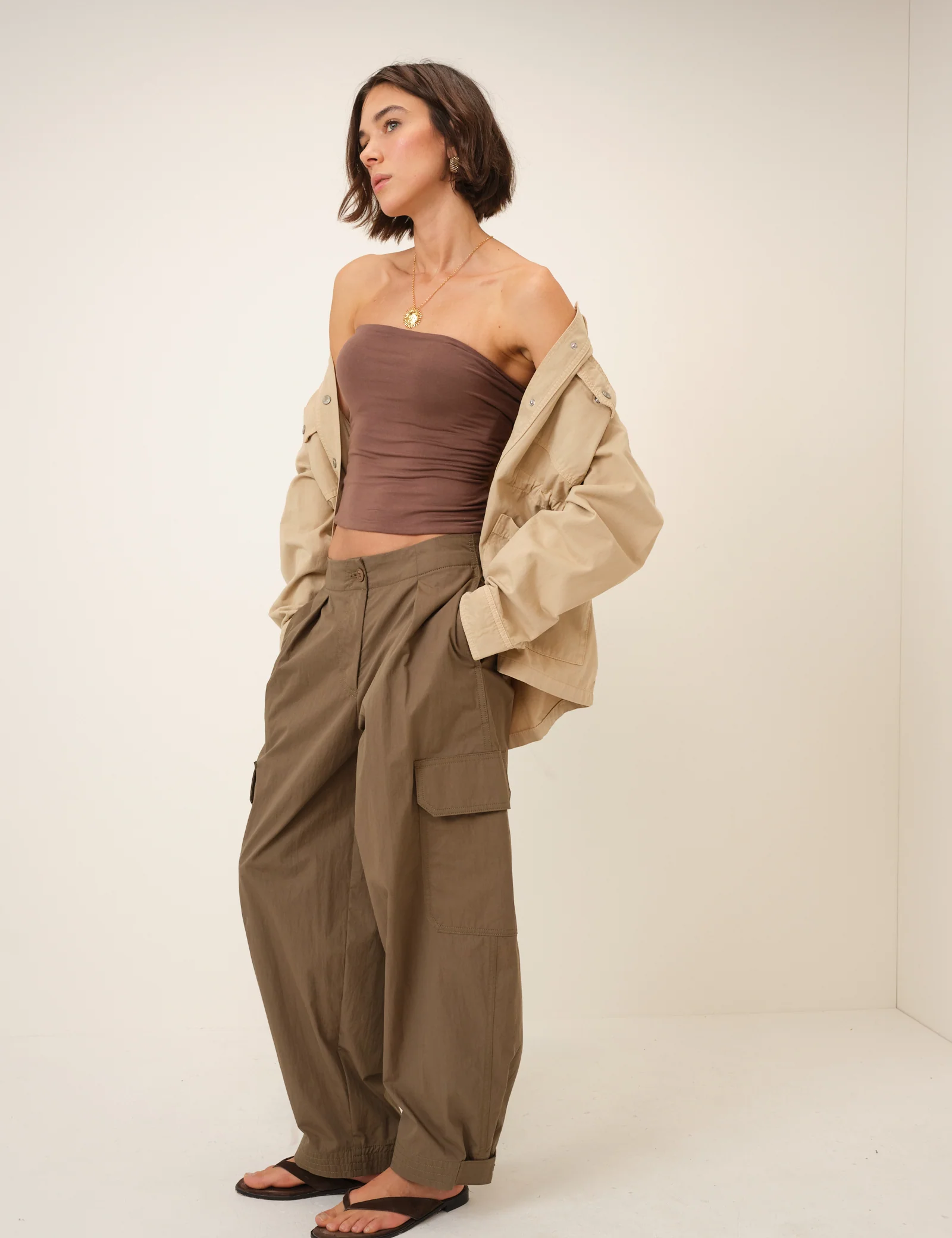 Khaki Barrel Leg Cargo Trousers