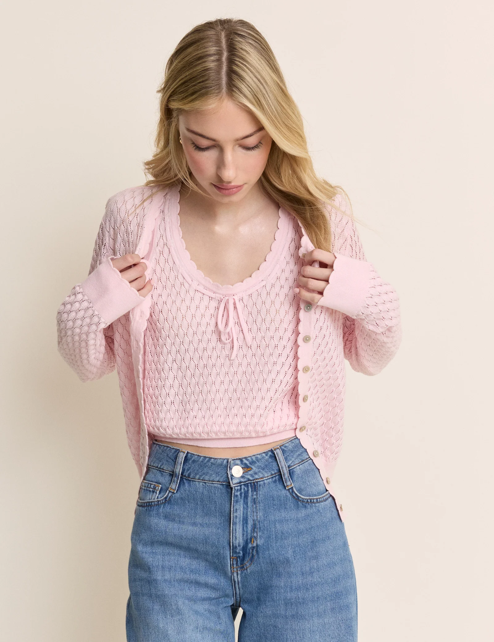 Baby Pink Pointelle Cami with Neck Tie - Image 2