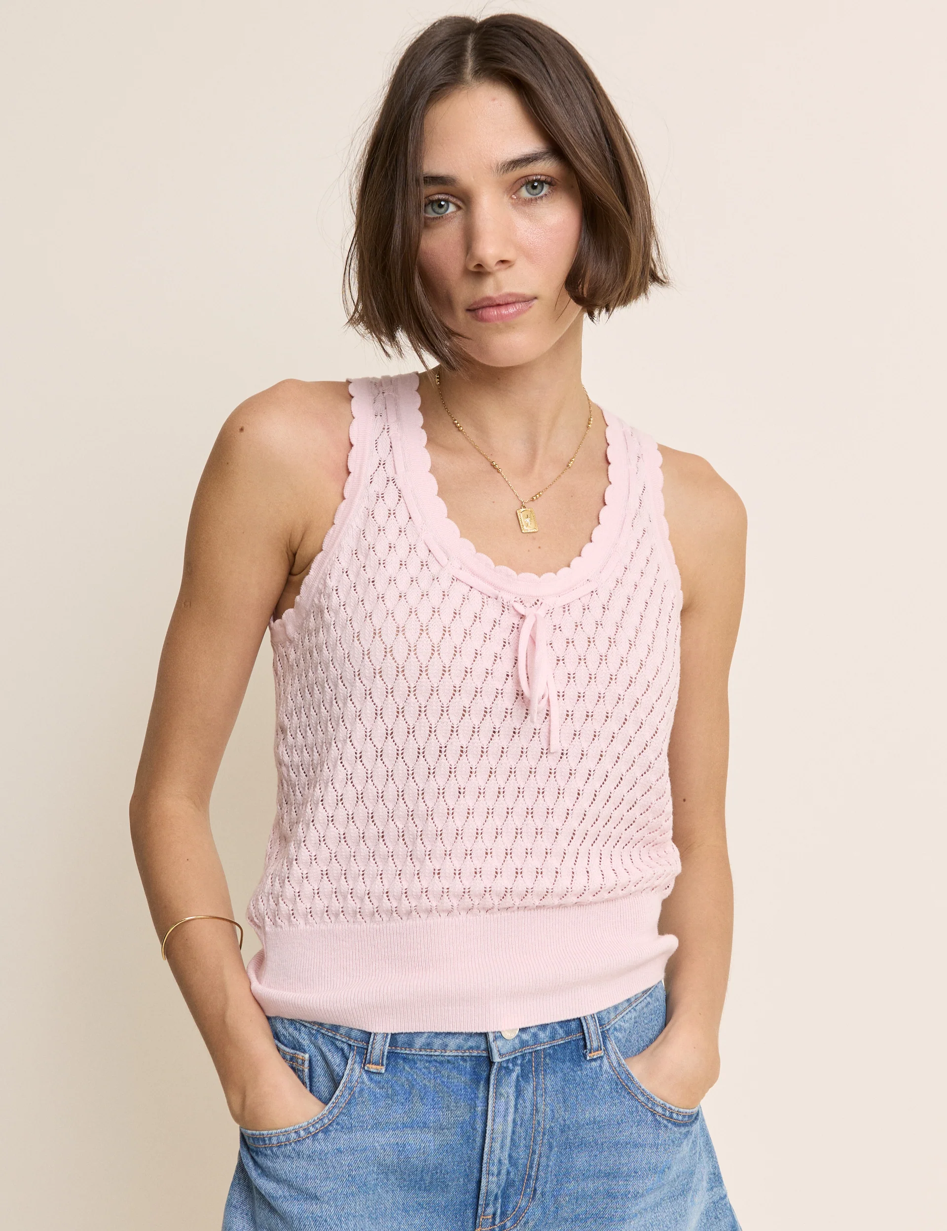 Baby Pink Pointelle Cami with Neck Tie - Image 3