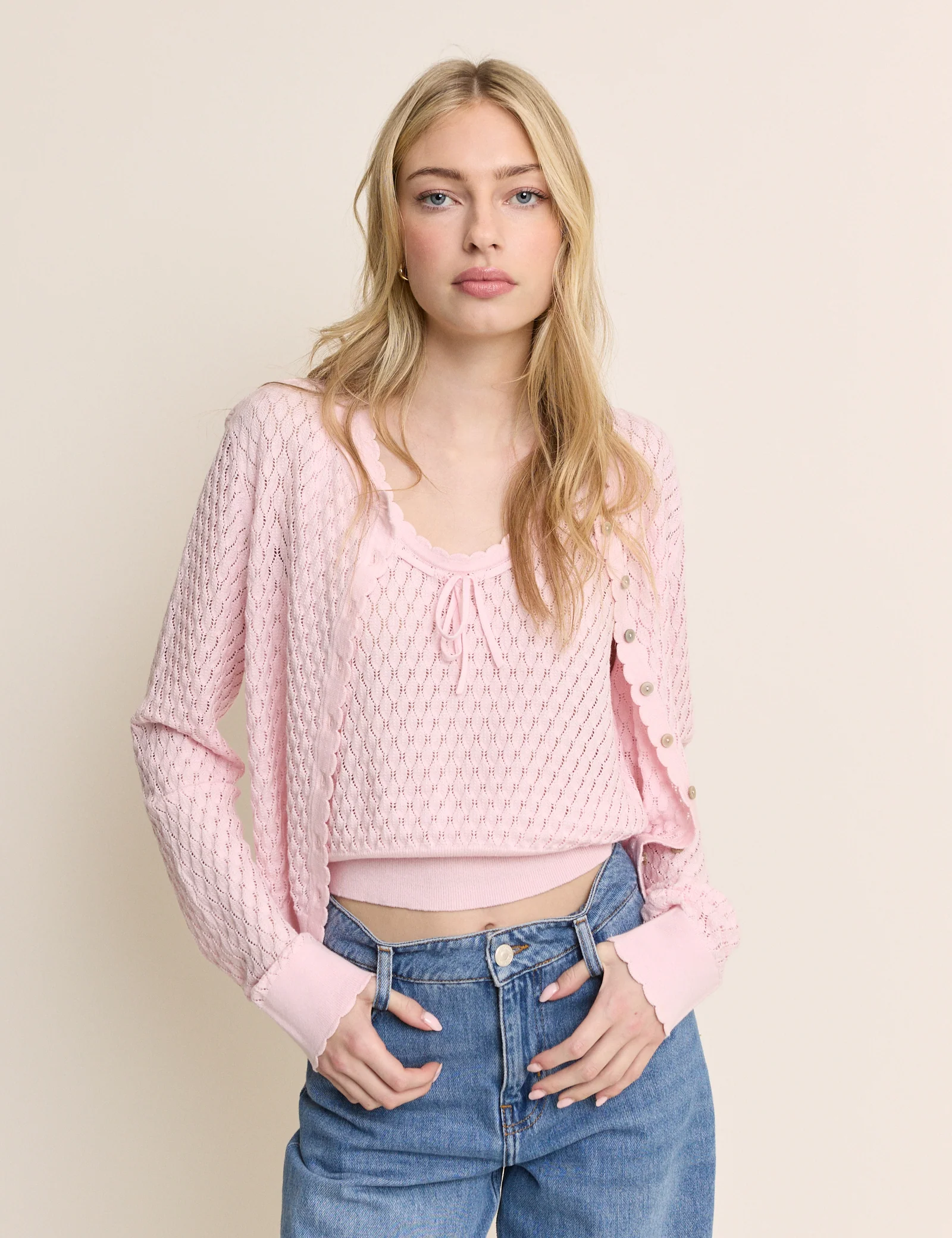 Baby Pink Pointelle Crew Neck Cardigan - Image 2