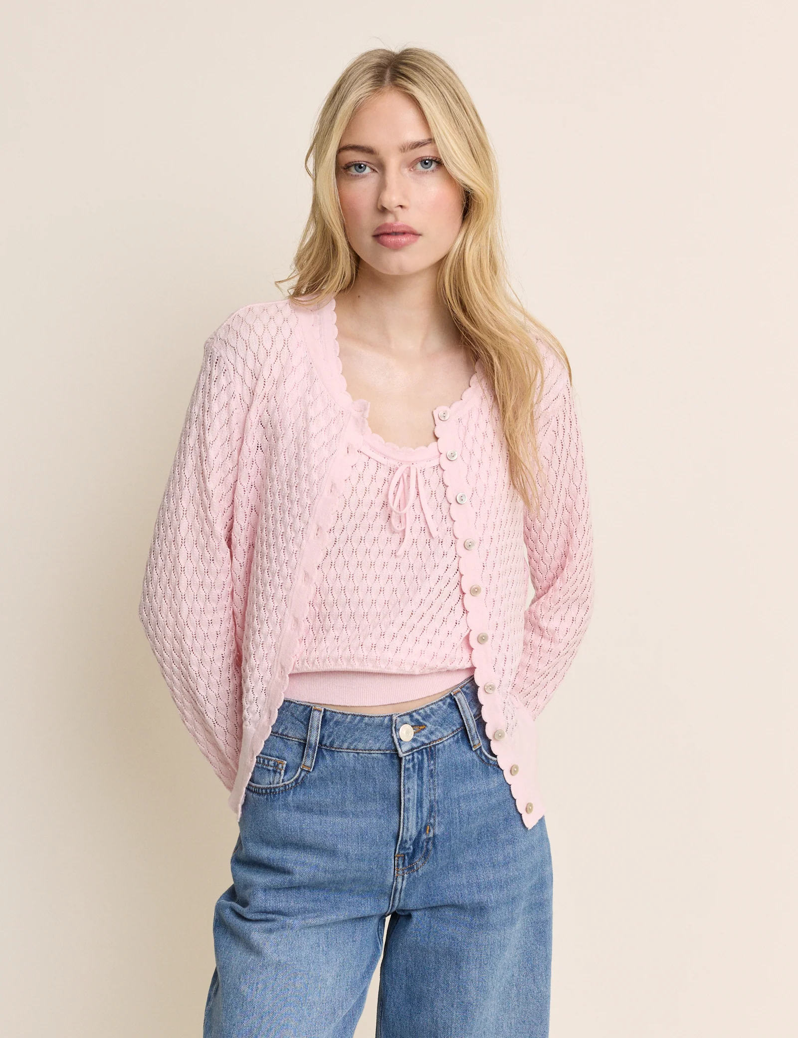 Baby Pink Pointelle Crew Neck Cardigan - Image 4