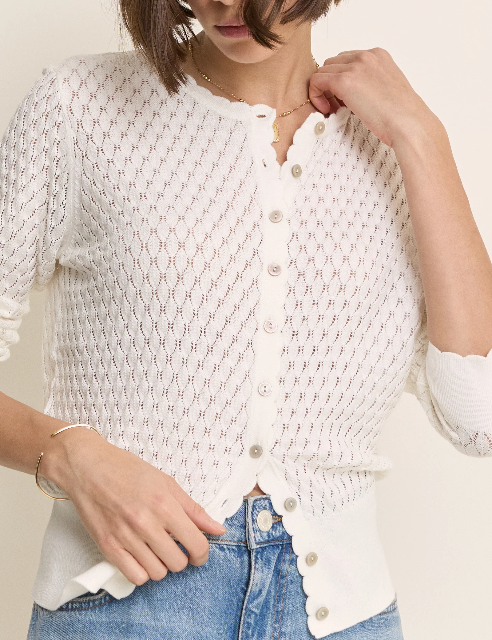 White Pointelle Crew Neck Cardigan - Image 2
