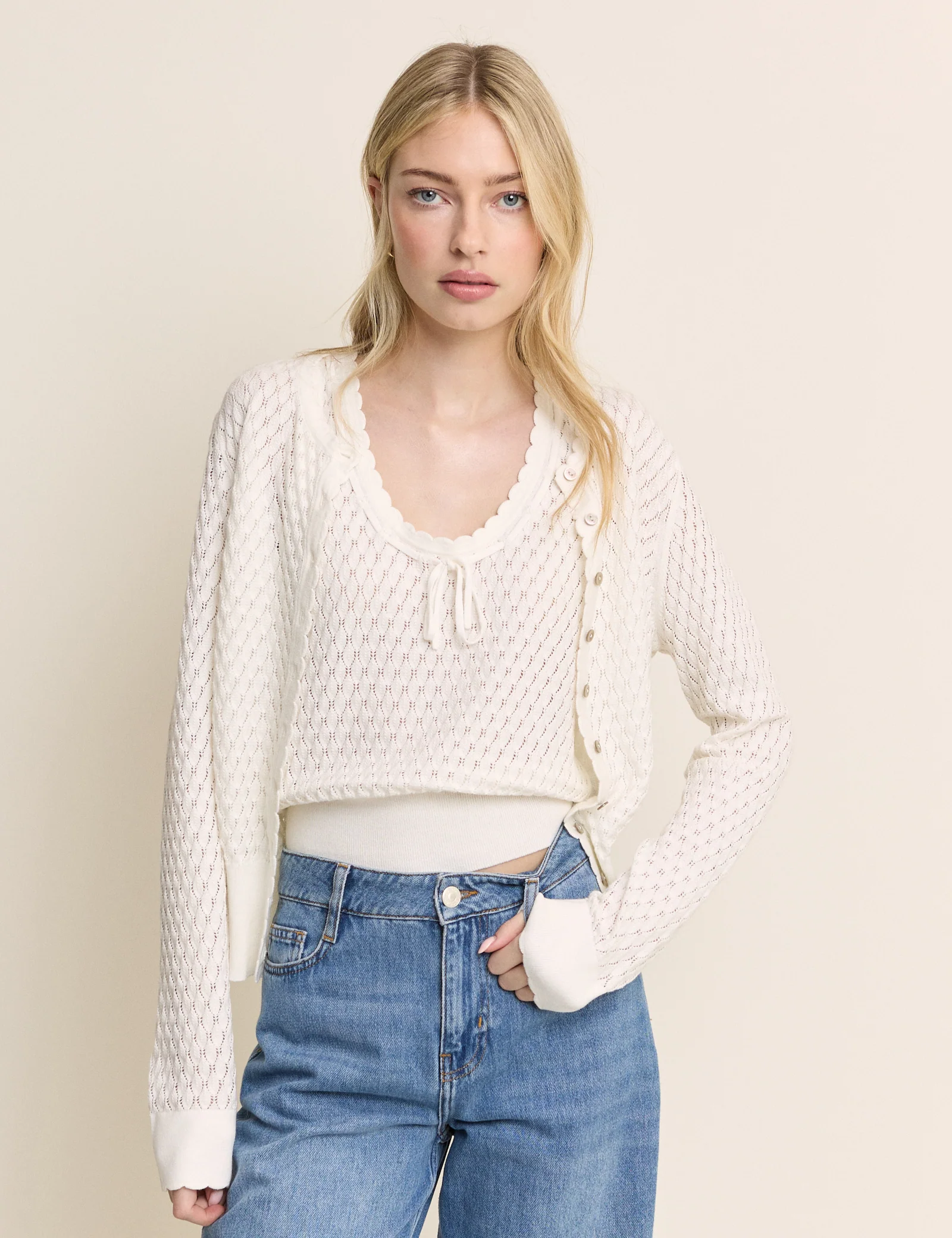 White Pointelle Crew Neck Cardigan - Image 5