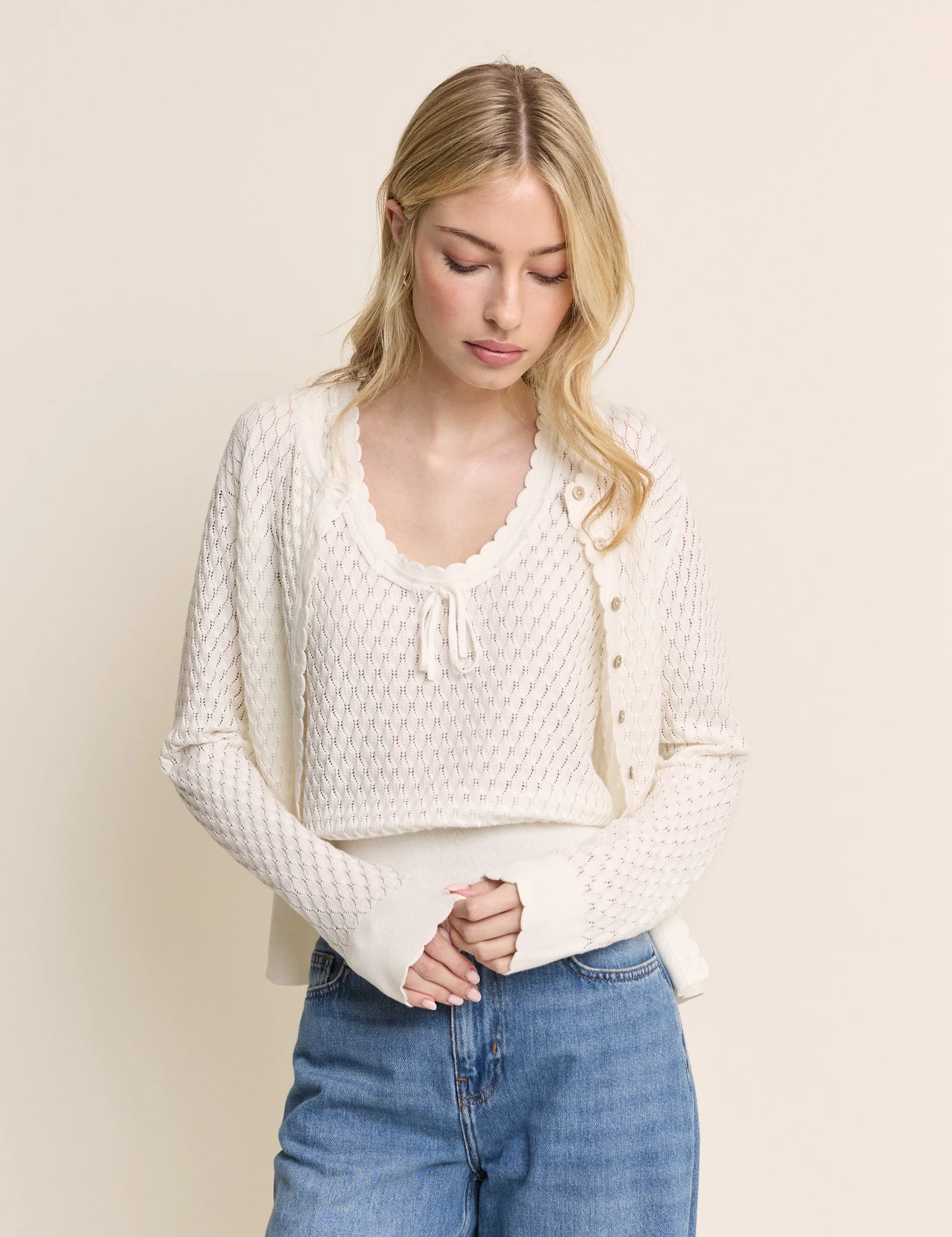 White Pointelle Crew Neck Cardigan - Image 6