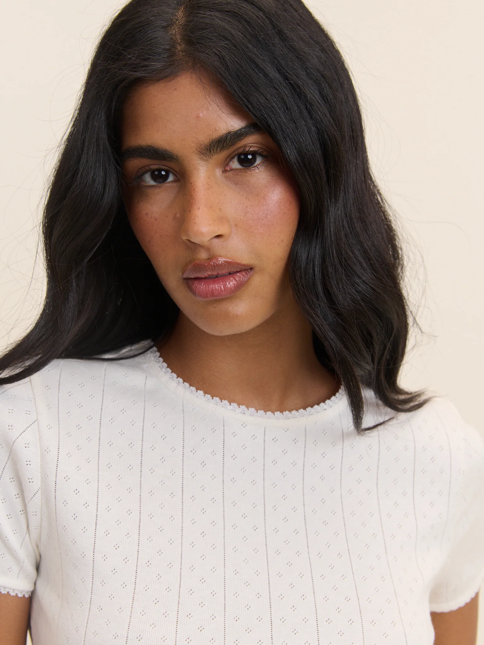 White Pointelle Lace Trim Tee - Image 2