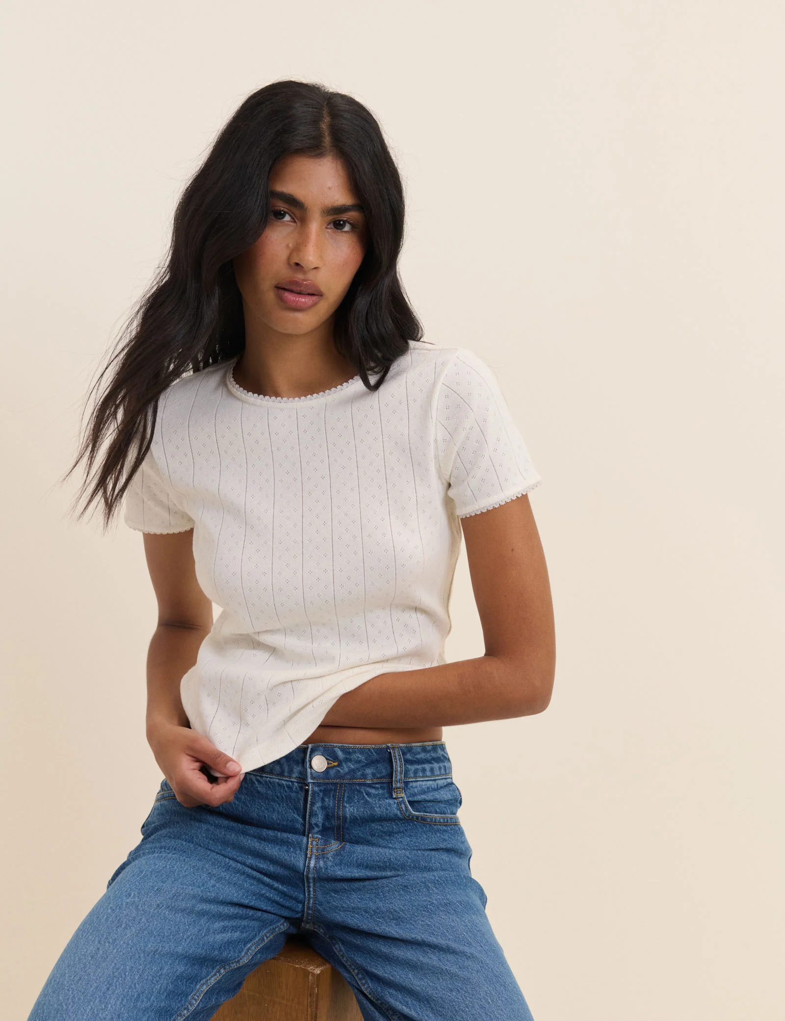 White Pointelle Lace Trim Tee - Image 3